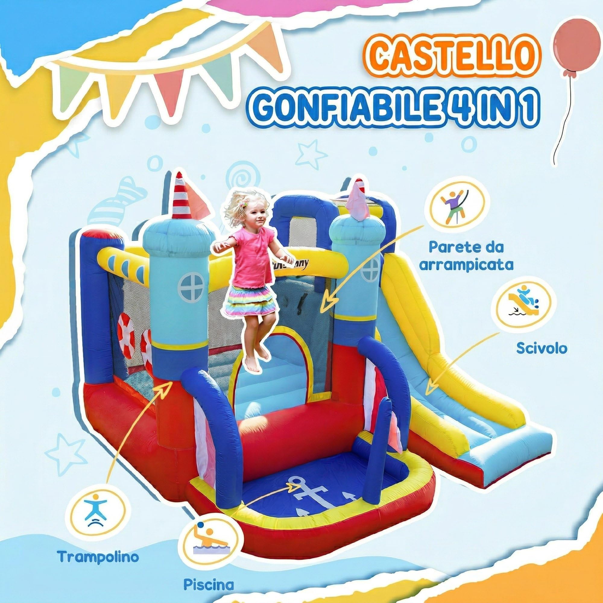 Outsunny Castello Gonfiabile 4 in 1 per Bambini 3-8 Anni, 265x260x200cm | Trampolino, Scivolo, Piscina, Parete da Arrampicata, Borsa Trasporto, Parco Acquatico Gonfiabile per Giardino, Gonfiatore