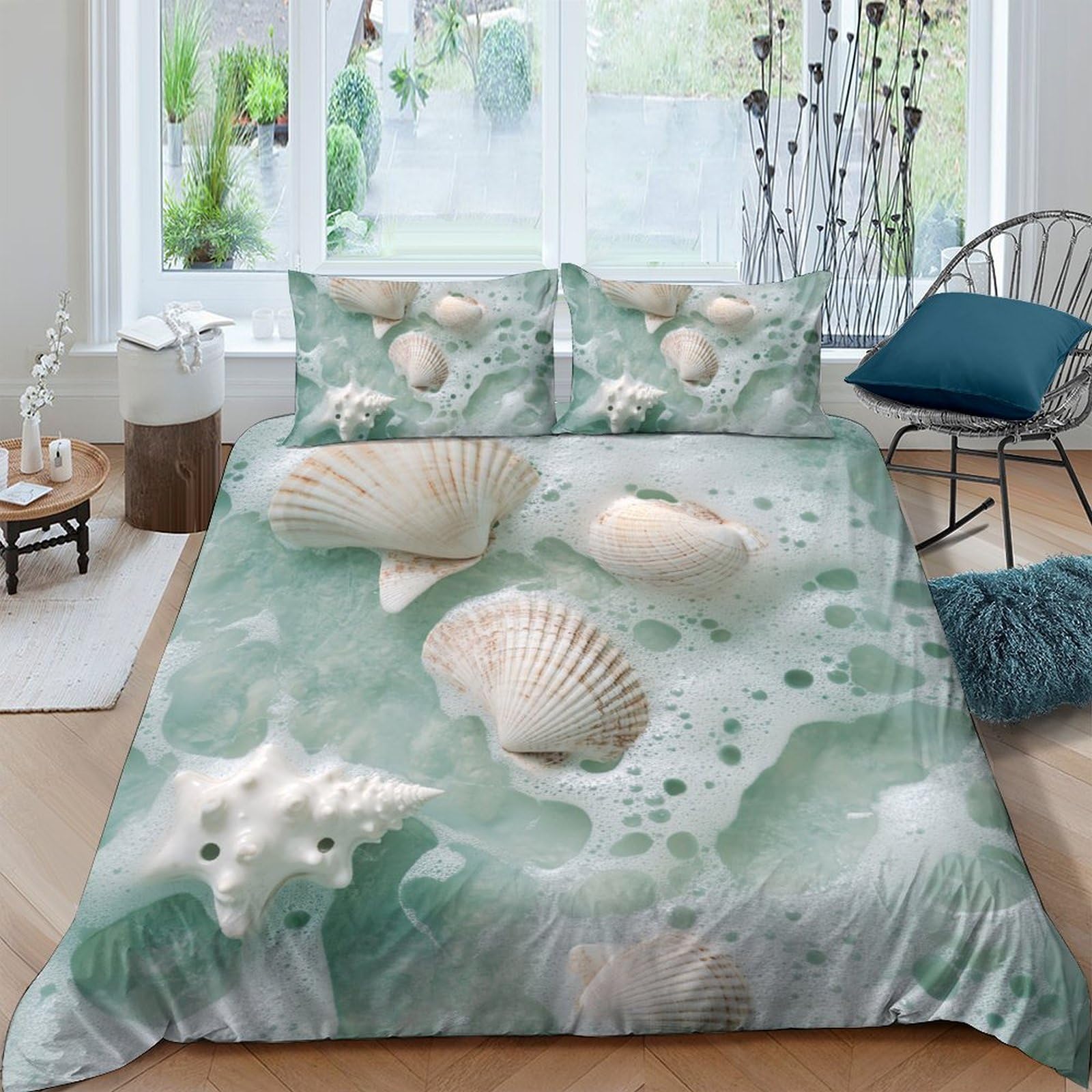GPLZQXKJNH 3D Printed Seashell Ocean Duvet Cover Set Microfiber Soft Breathable Starfish Quilt Cover with 2 Pillowcases for Bedroom Decor Single（135x200cm）