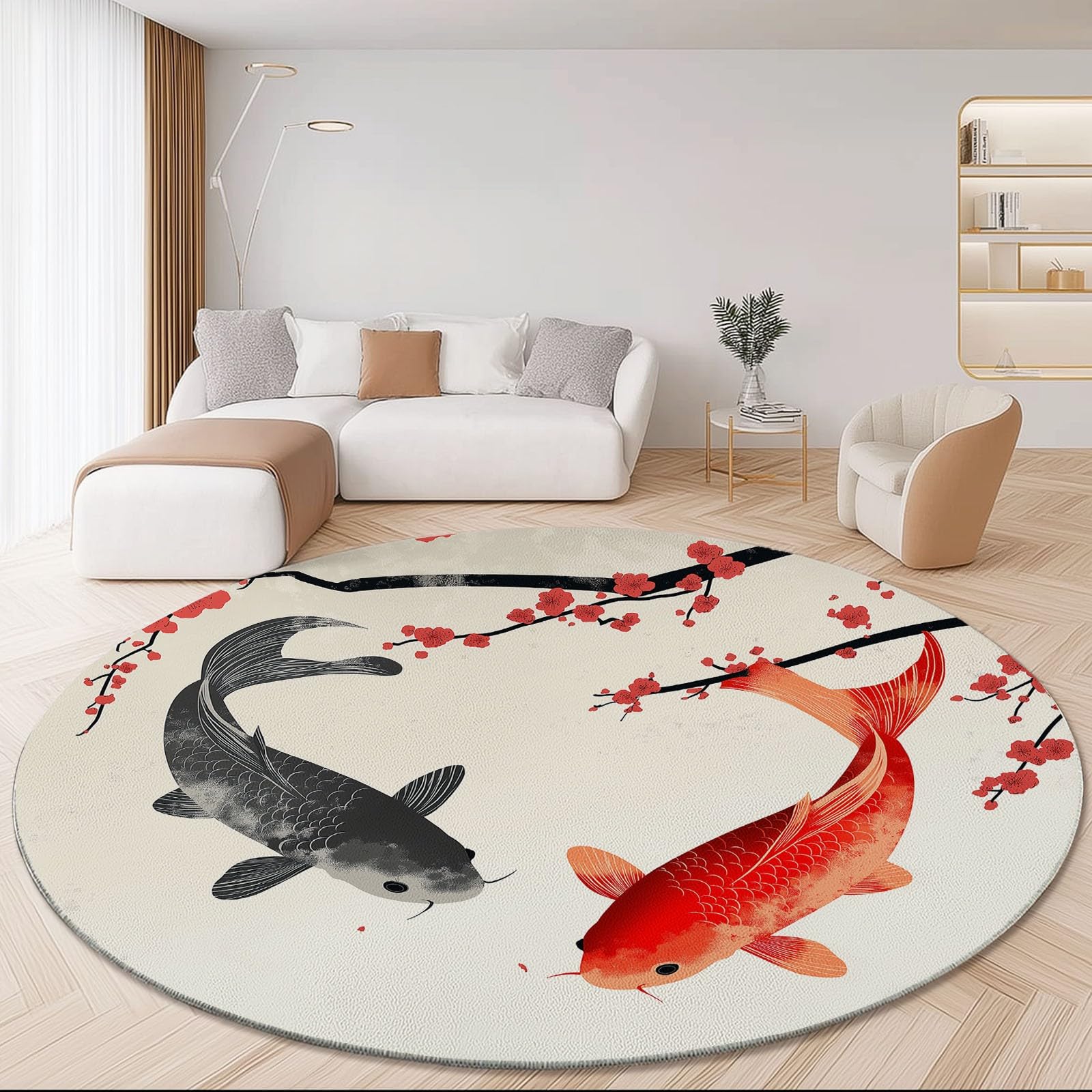Tappeto rotondo da 210 cm, con stampa di fiori di prugna koi orientali, moderno, antiscivolo, colorato in flanella, lavabile, morbido, per stanza dei giochi, camera dei giochi, camera da letto