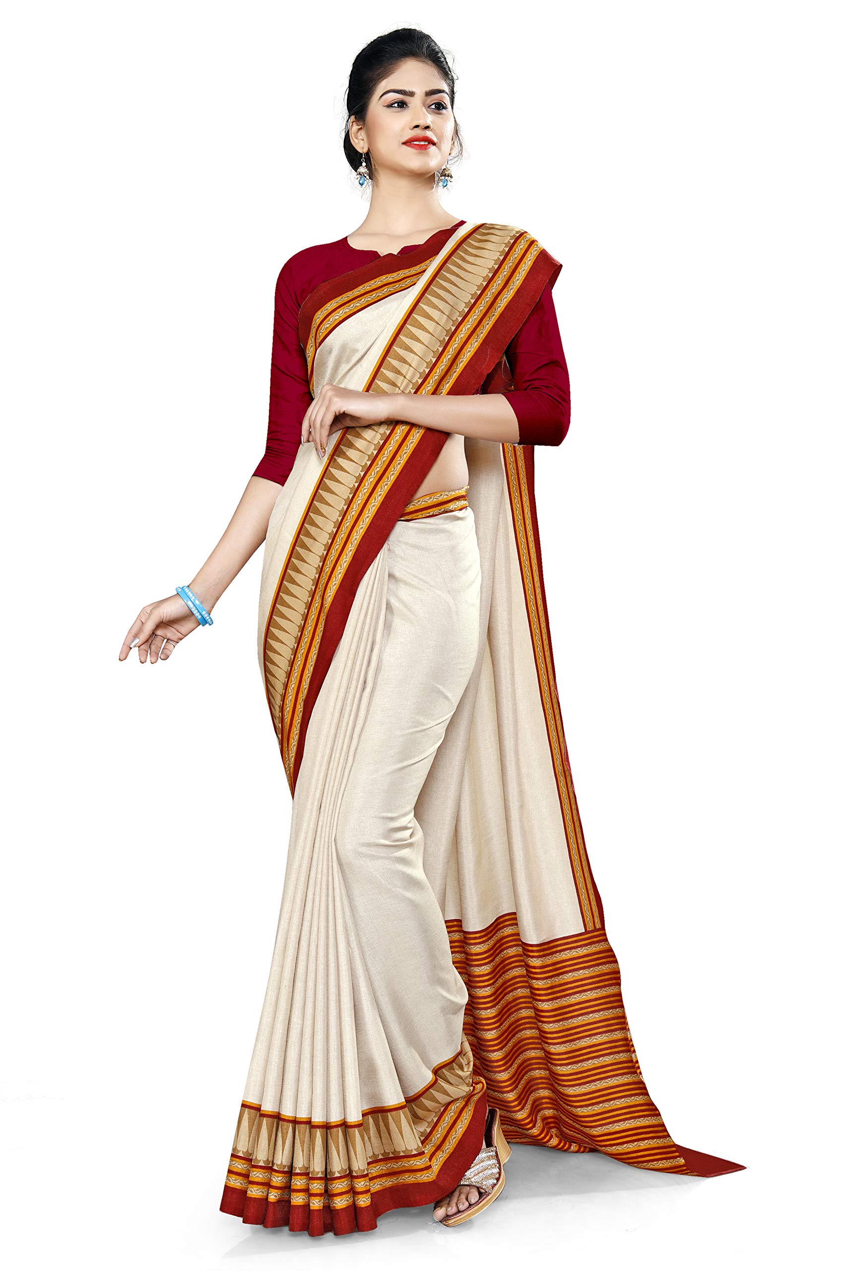 Uniform Sarees CorpWomen's Plain Gala Border Polycotton Cotfeel Student Uniform Saree With Blouse Piece