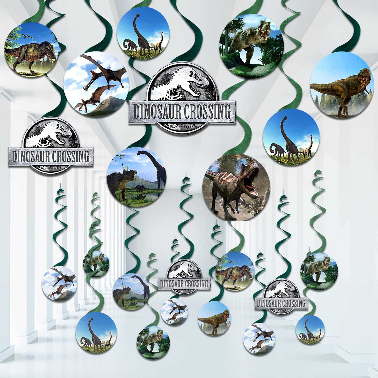 FRIDAY NIGHT Dinosaur Hanging Swirl Set,24 Pcs Jurassic World Assorted Foil Party Swirl Decorations for Dinosaur Birthday Party Supplies