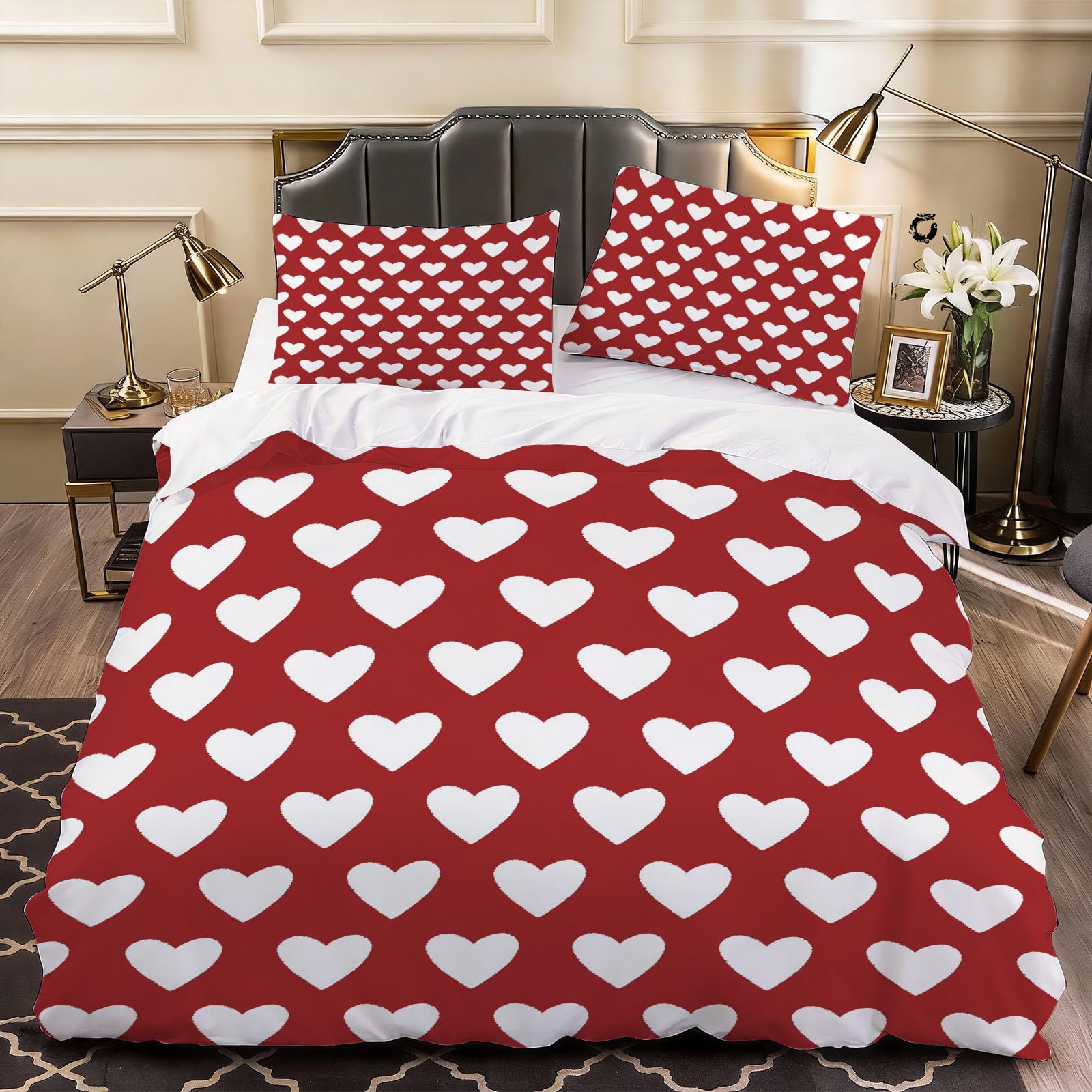 3D Hearts Duvet Cover Cartoon Bedding Super King Bed Set, Soft Microfiber Comforter Cover Printed with Zipper Closure Quilt Coverr 260x220 cm and 2 Pillowcases