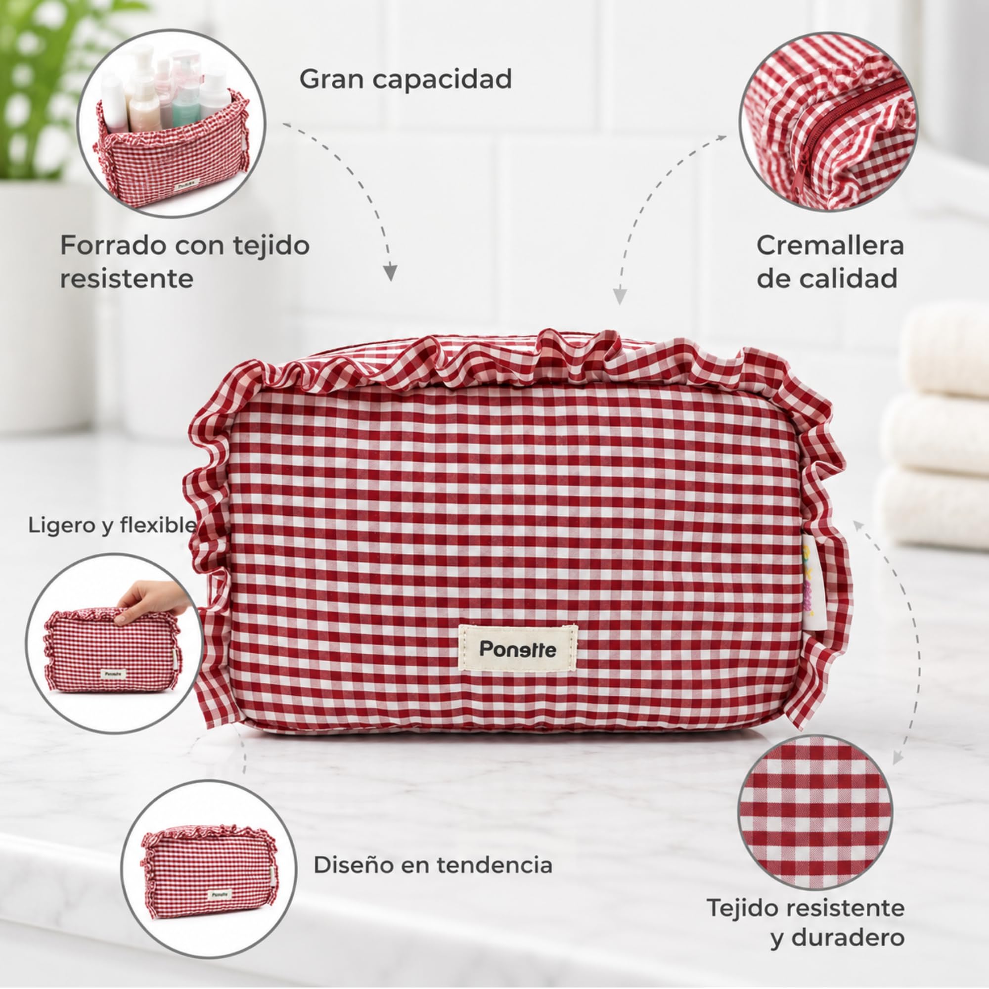 PONETTE - Neceser Mujer A Lo Loco, Vichy Cuadro Rojo, Chica, Estilo, Divertido, Juvenil, Bolsa de Aseo, Viaje, Tocador, Estuche, Marca Española