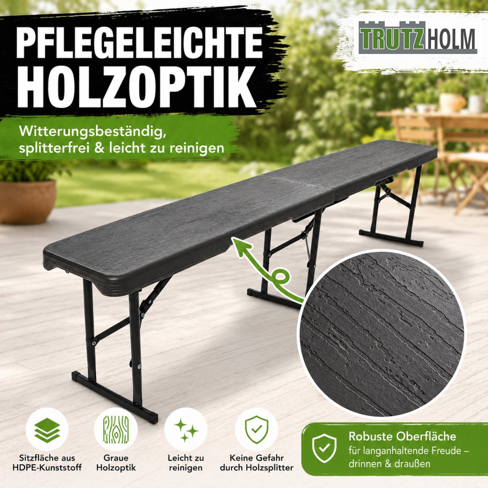 TRUTZHOLM Bierbank Klappbank aus Kunstoff Grau Holzoptik 180cm klappbar Bierzeltbank Campingbank