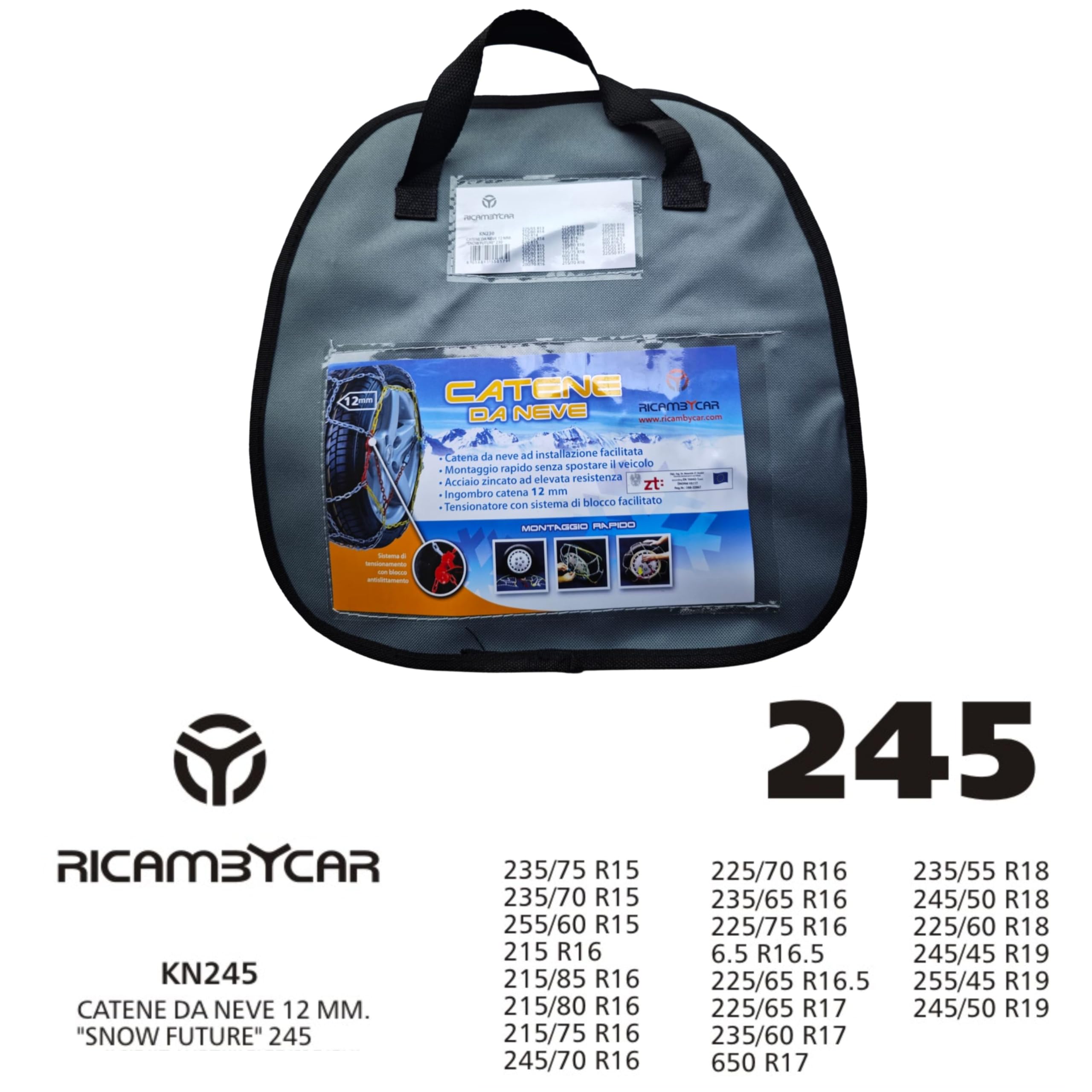 Catene da Neve 12 mm gruppo 245 Omologate ONORM V5117, Montaggio Rapido, Catene auto Adatte ai pneumatici di suv e utilitarie