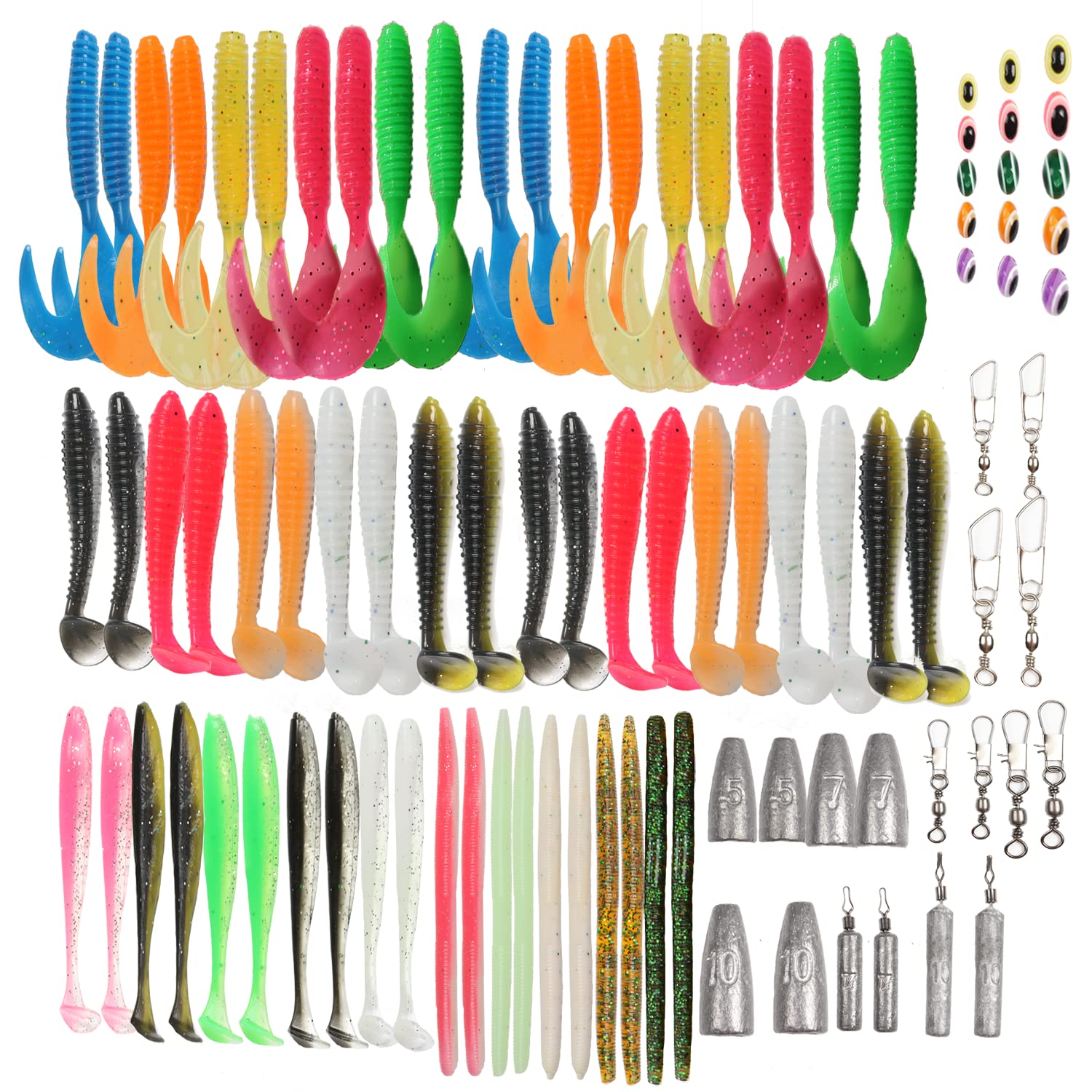 Fishing Lures Soft Bionic Bait 93PCS Set with Paddle Tail Swimbaits Worms Fishing Swivels & Snaps Weights Beads for Bass Fishing