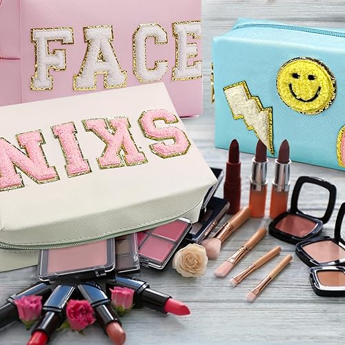 Miniatura 10 de Bolsa de maquillaje de 3 piezas con parches de preparación previa, pequeña bolsa de cosméticos con letras de chenilla, de piel sintética,