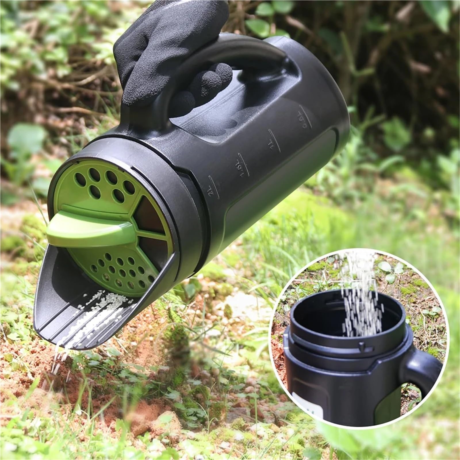épandeurs de Jardin Épandeur de semences portatif Semoir Manuel pour Gazon Tailles d'ouverture réglables Engrais pour Gazon jusqu'à 80 oz pour Glace salée Semoir