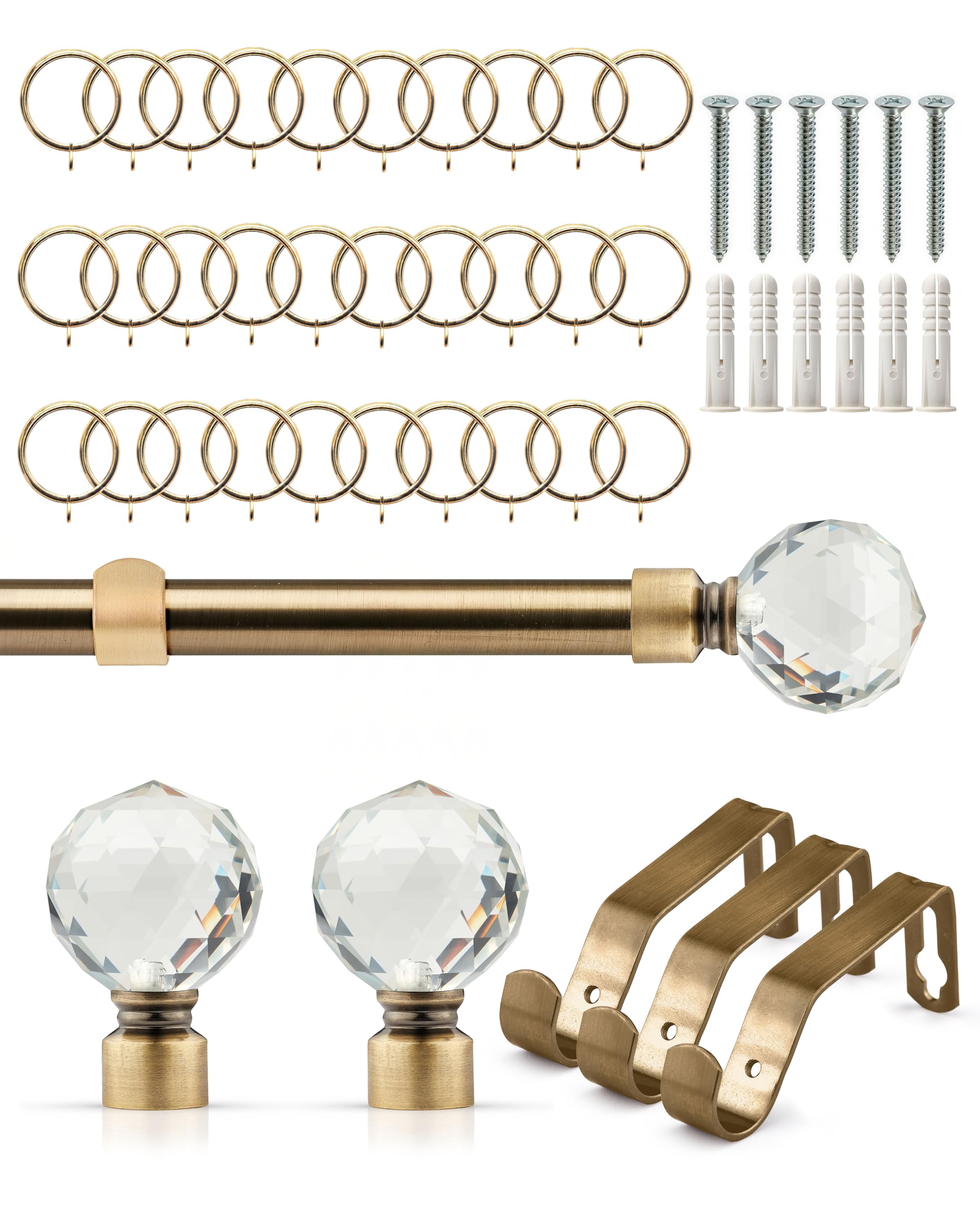 Emma Barclay Crystal Extendable Curtain Pole - Smooth Telescopic 19mm Metal Curtain Poles with Crystal Effect Finials, Brackets & Fittings for Eyelet Curtains (Antique Brass, 1.6m - 3m, With Rings)