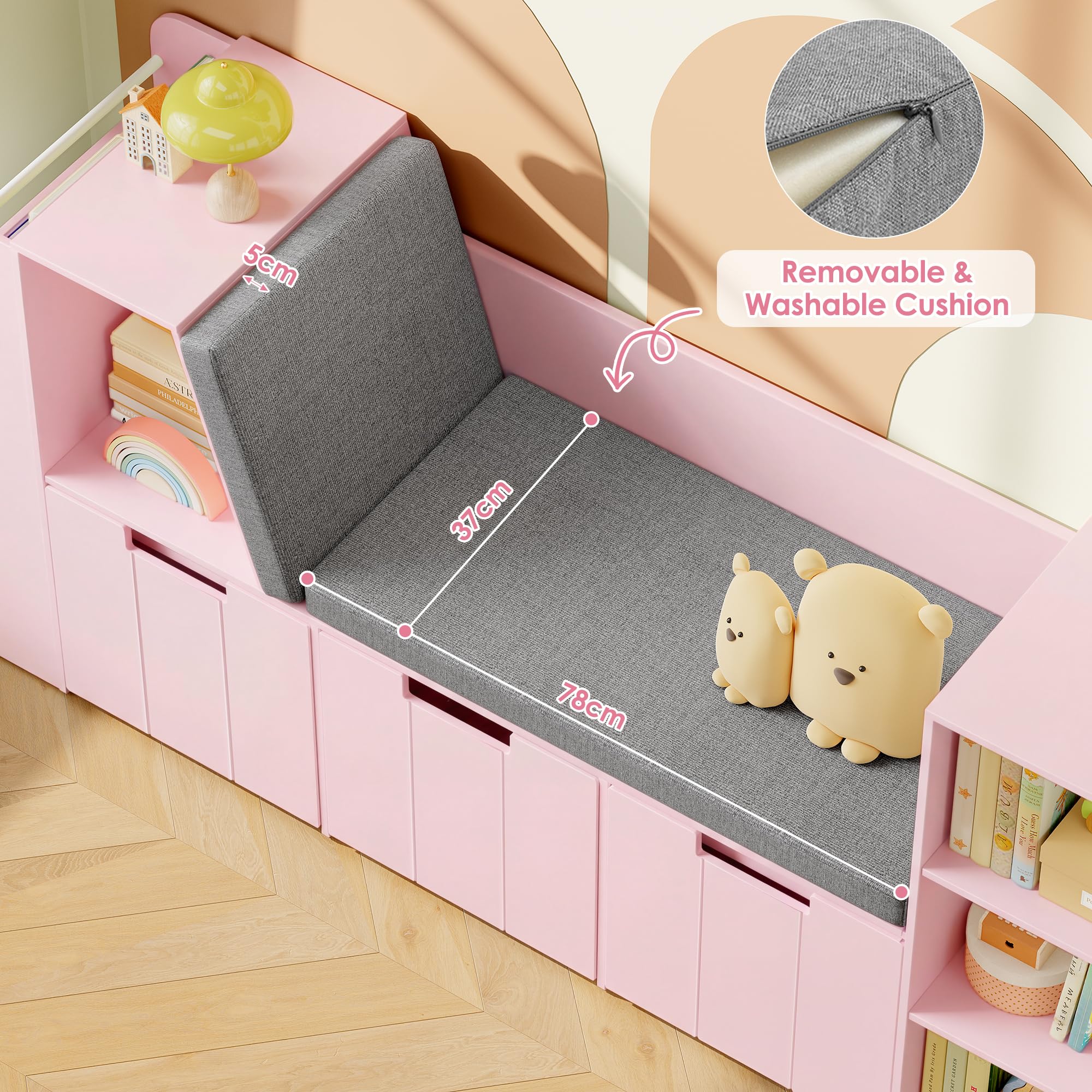 HOCSOK Bibliothèque Enfant, 156 cm Étagère pour Enfants avec Bibliothèque Banc, Meuble Rangement Jouet avec 3 Tiroirs Roulants, Rose, 80×38×156 cm