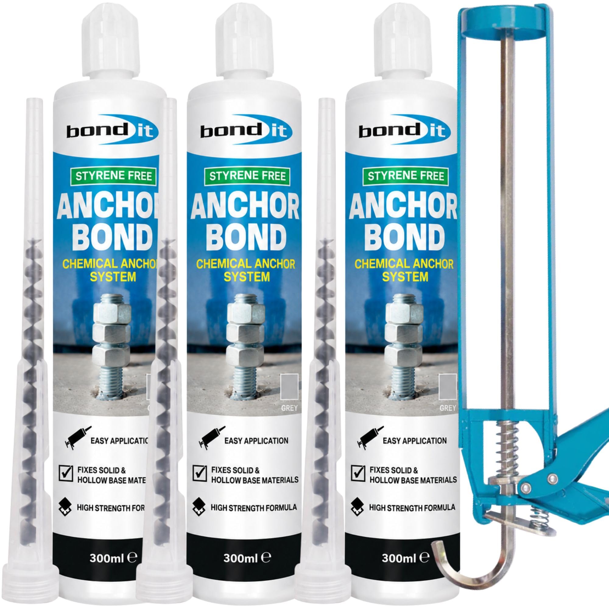 Bond It Anchor Bond Fixing Adhesive Grey 3 Pack(300ml Each) Styrene Free Chemical with Economy Sealant Gun, Polyester Anchor Resin for Concrete, Masonry, Brick, Stone, Bolts & Studs