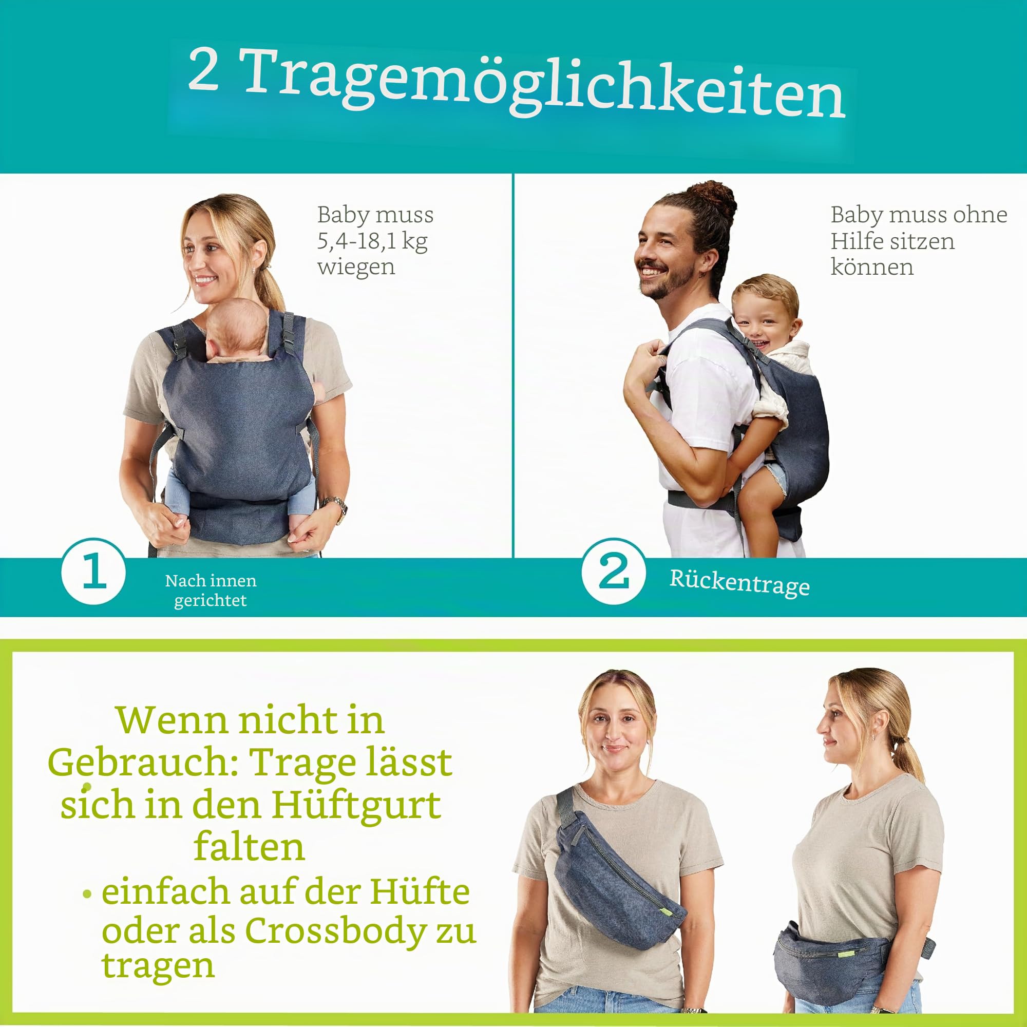 Infantino Fold & Go 2-in-1-Babytrage, Kompakt & Leicht, Verstellbar, für Babys mit einem Gewicht von 5,5 bis 18 kg, Grau