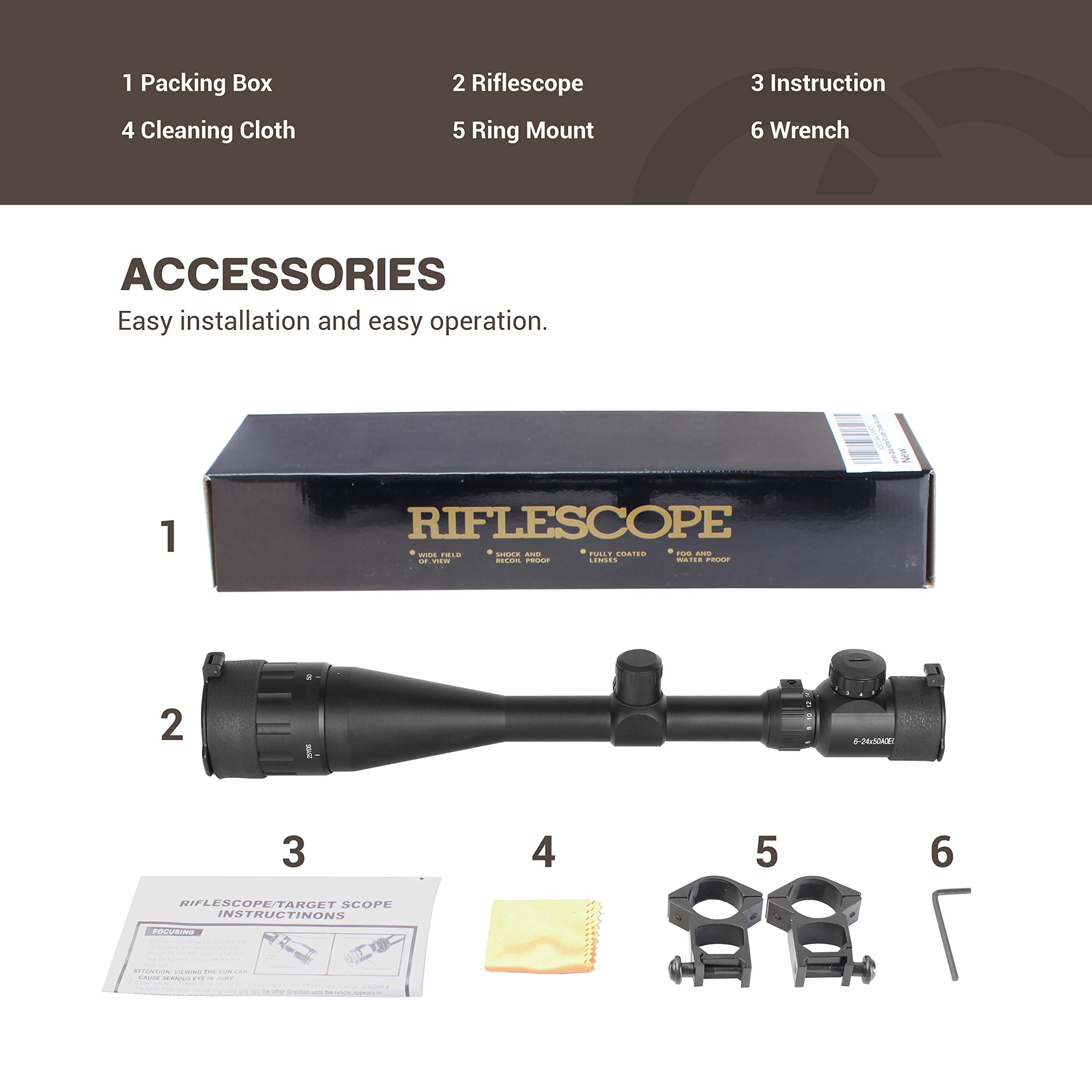 ESSLNB Mirino Softair 6-24x50 Ottica Softair con Mil-Dot Telemetro AOEG 5 Impostazioni di Luminosità Red Dot 20mm/22mm Picatinny Binario di Guida e per Caccia