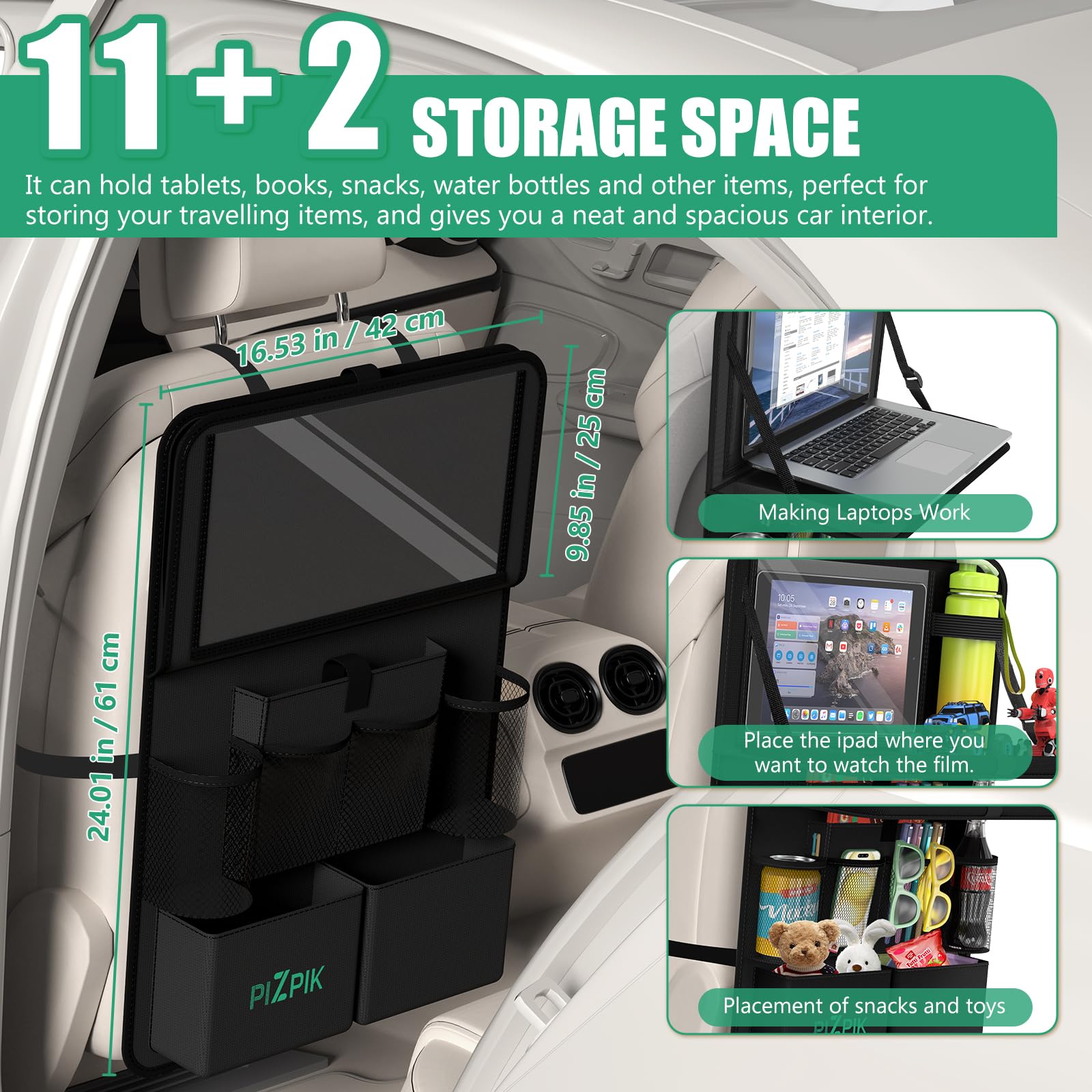 Plzpik Organizer per sedile auto con supporto per tablet, 11 tasche portaoggetti con vassoio pieghevole per alimenti, tappetino protettivo per bambini, accessori da viaggio