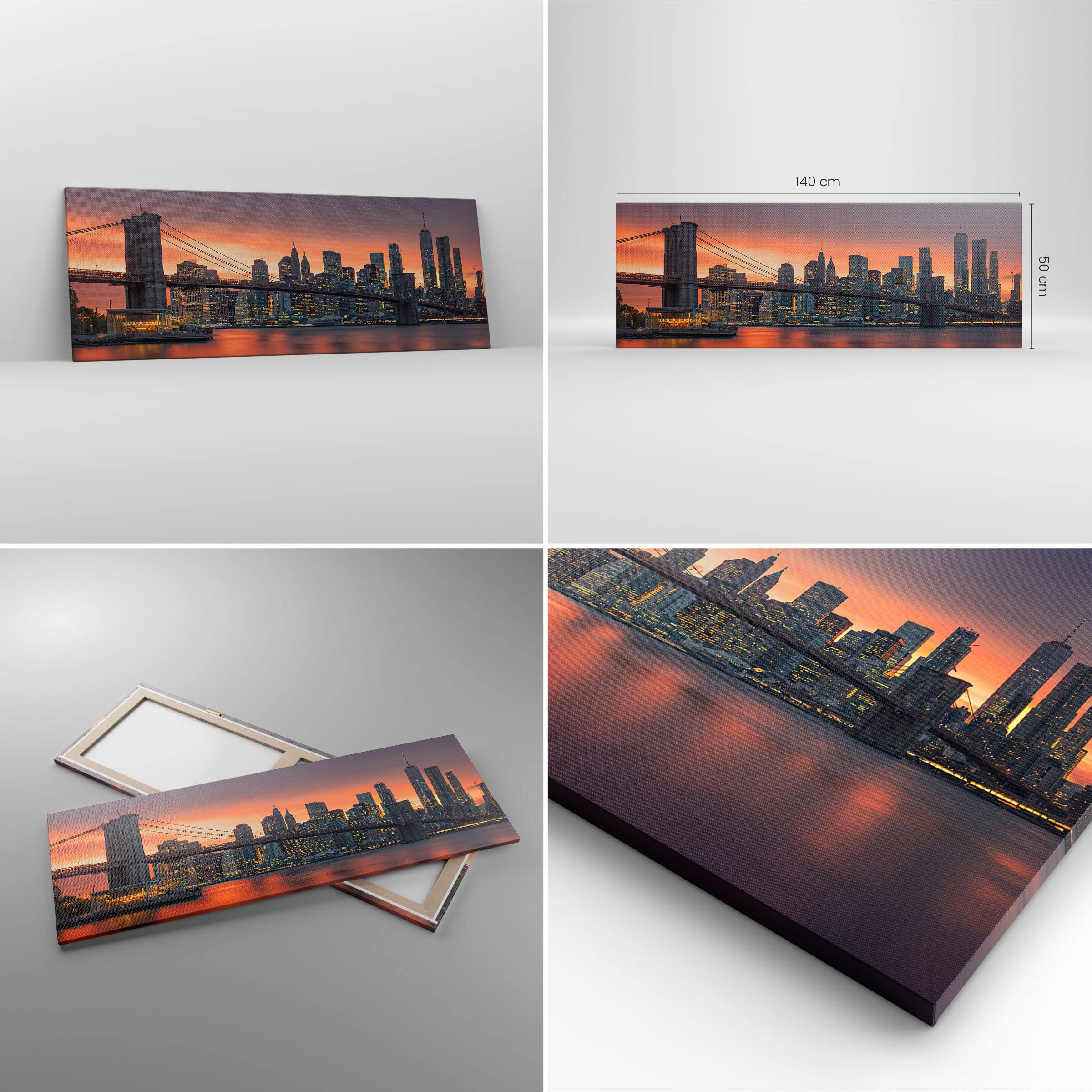 ARTTOR Leinwandbild 140x50cm Wandbild Architektur Städte - 4048 | New York Brücke Nacht Panorama Groß XXL Wanddekoration Wohnzimmer Schlafzimmer Wanddeko Wand Kunstdruck Wandkunst ARTTOR