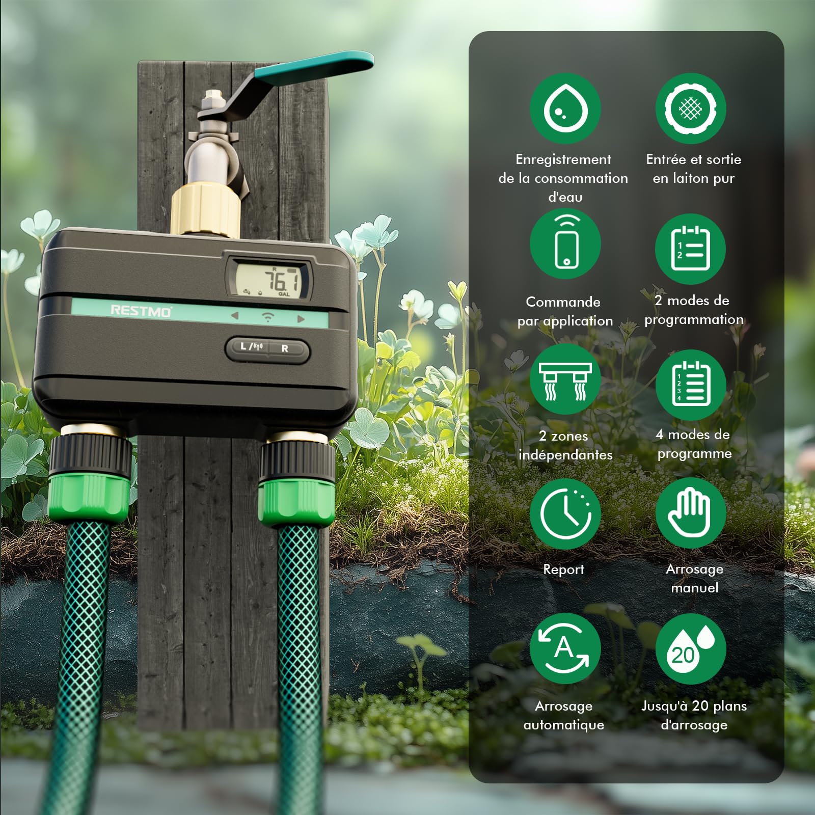 RESTMO Programmateur arrosage 2 Zones avec Puce Bluetooth + Wi-FI