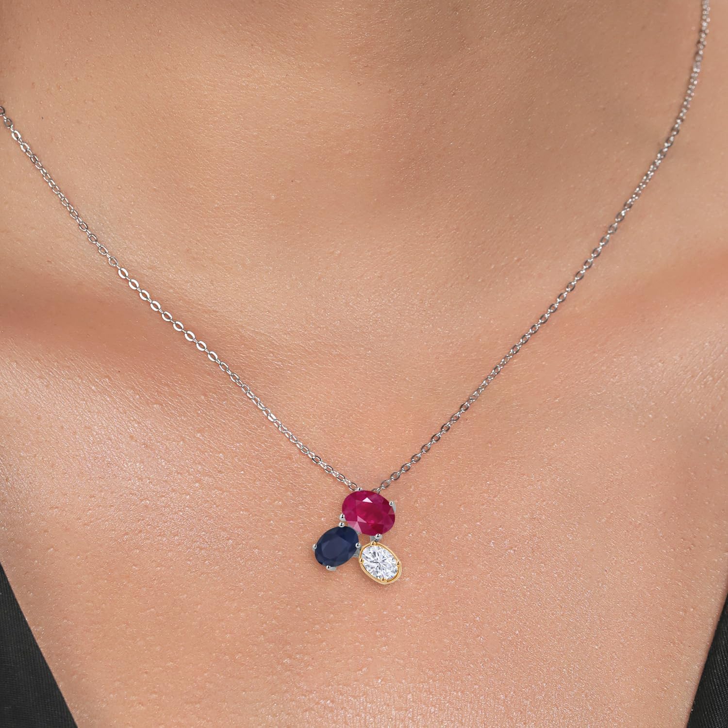 925 Silver and 10K Yellow Gold Red Ruby Blue Sapphire and White Moissanite Pendant Necklace For Women (3.10 Cttw, Oval 8X6MM, 7X5MM and 6X4MM, Gemstone July Birthstone, with 18 Inch Chain) - Image 3