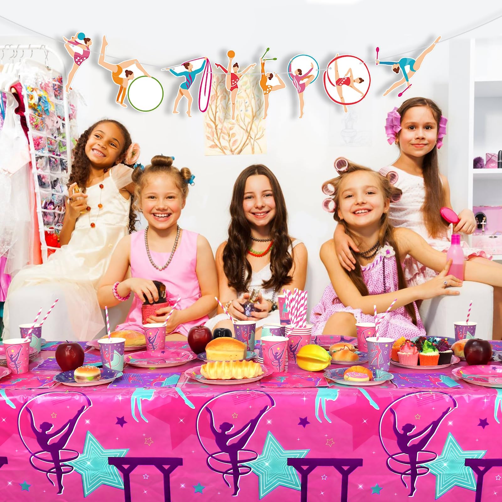 20 decorazioni per feste di compleanno e ginnastica, accessori per la vostra piccola ginnastica da danza con striscione con motivo ginnico, tovaglia, piatti, tovaglioli, stoviglie, palloncini
