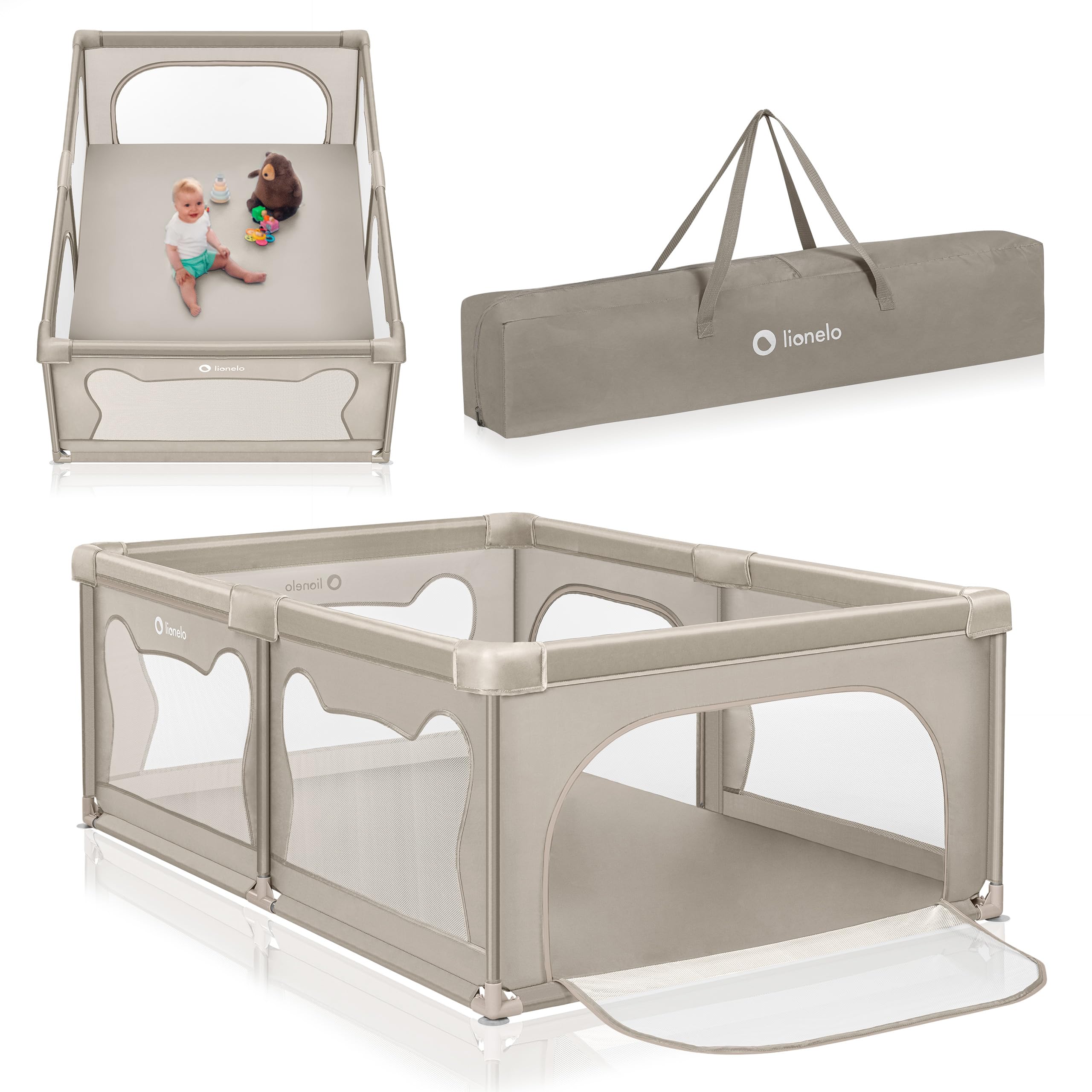 LIONELO Willow Laufgitter Baby, ab 0-48 Monaten, große Spielfläche 127cm x 187cm x 68cm, Kinderlaufstall, atmungsaktive Netzseiten, stabil mit Saugnäpfen, 2 Eingänge mit Reißverschluss