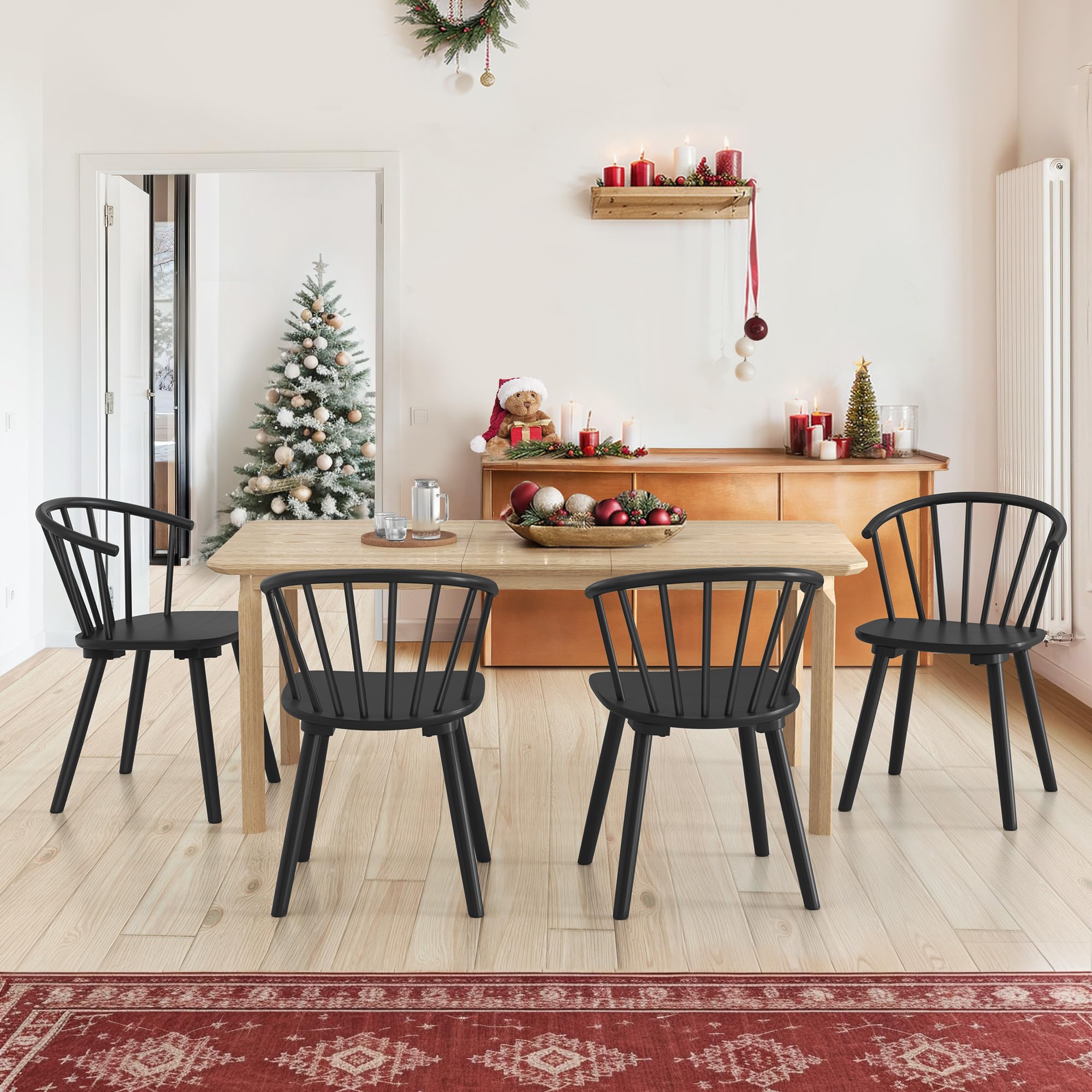 LUE BONA Black Farmhouse Dining Chairs Set of 4 for Kitchen and Dining Room, Semicircular Backrest Spindle Chair, 18 Inc