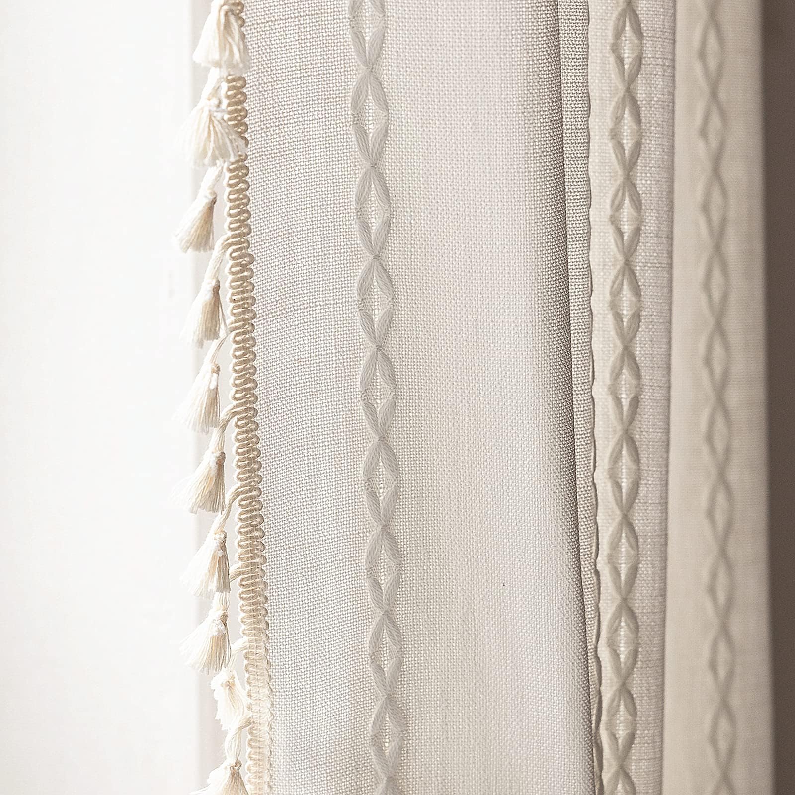 DeeproveWhite Boho Curtains 84 Inches Long for Bedroom Living Room, Cream Chic Linen Cotton Embroidered Semi Blackout Bohemian Farmhouse Window Treatment Drape Vintage Tassels, 1 Panel W52 x L84