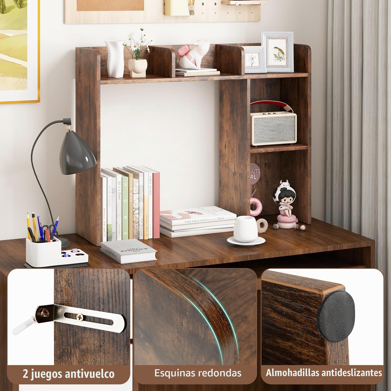 GIANTEX Estantería de Escritorio con 2 Compartimentos y 3 Estantes Abiertos, 94 x 25 x 74 cm, Organizador de Madera para Ahorrar Espacio (Marrón)