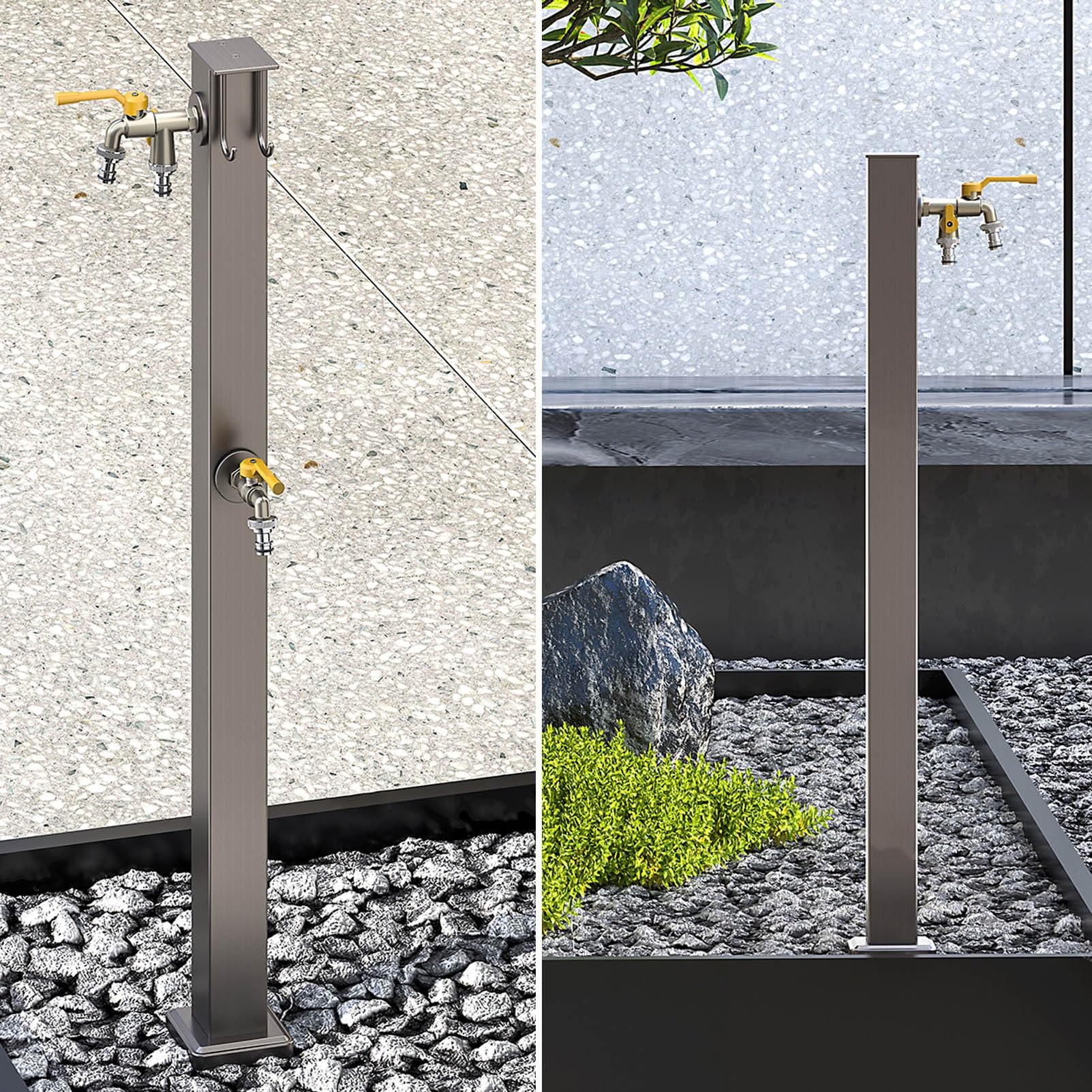 Columna de agua de acero inoxidable para exteriores con 2 grifos, manguera anticongelante, extensor de grifo, montaje en el suelo, fuente de agua decorativa, dispensador de hidrante