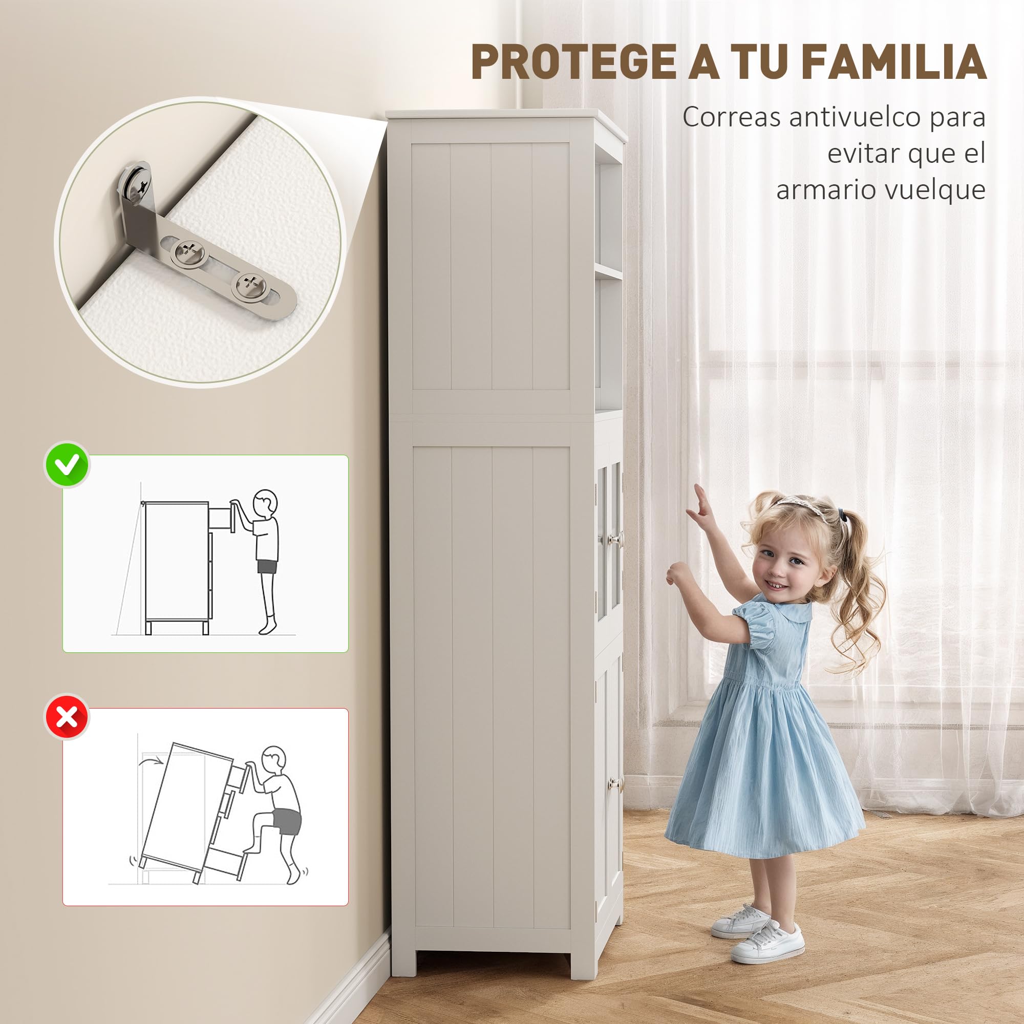 HOMCOM Alacena de Cocina Aparador de Comedor Armario de Cocina con 4 Puertas 2 Estantes Abiertos y Estante Ajustable para Salón 60x30x162 cm Blanco