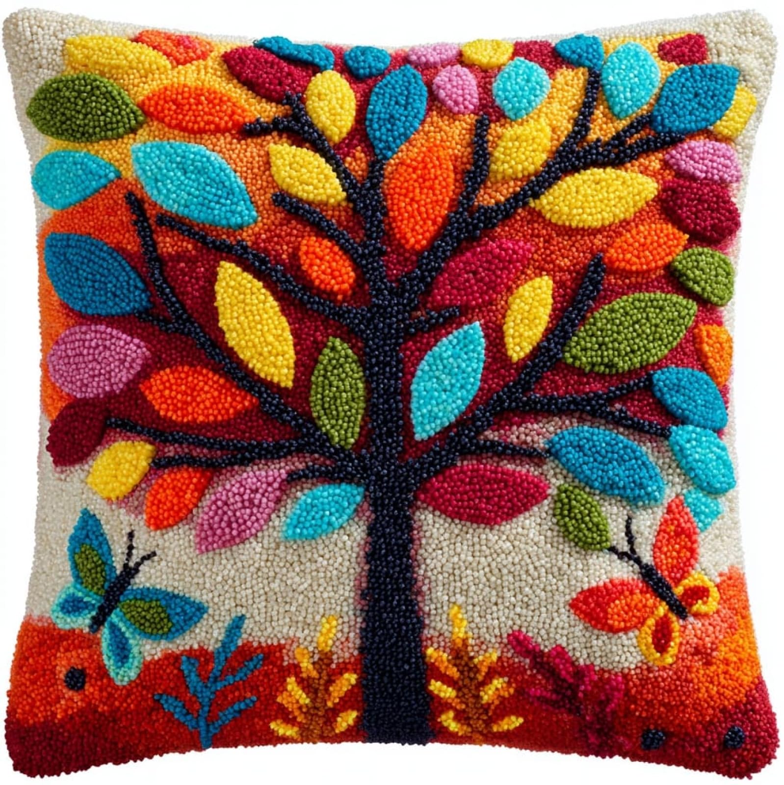 AxiangziK Latch Hook Pillow Craft Kit,Butterfly Tree 43x43cm/17x17Inch,Complete Starter Kit for Beginners & Craft Enthusiasts