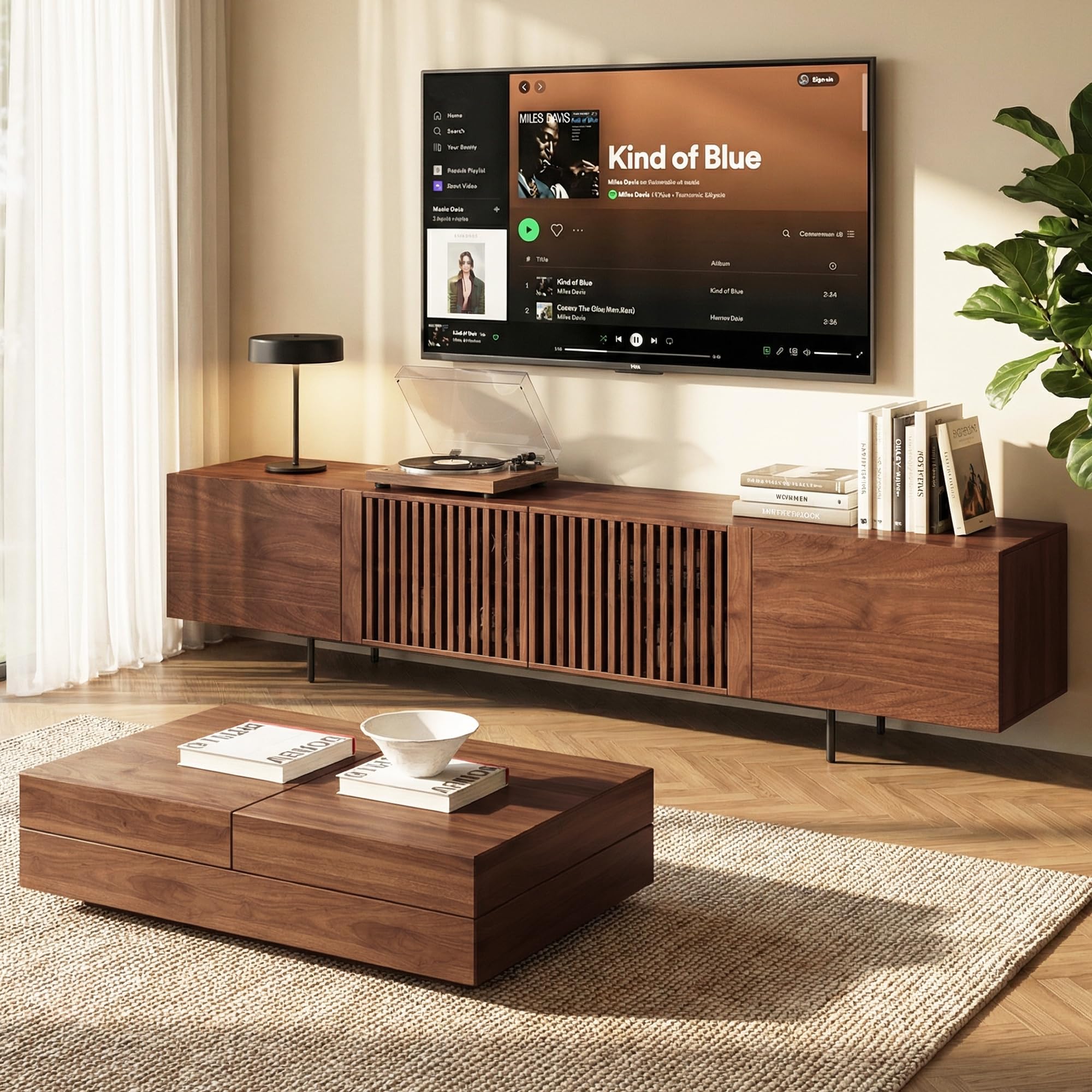 OLEYLUCKLIVE Mid-Century Modern TV-Schrank für 80+ Zoll Fernseher - TV Lowboard mit Stauraum - Home Entertainment Center in Walnuss für Wohnzimmer, Schlafzimmer