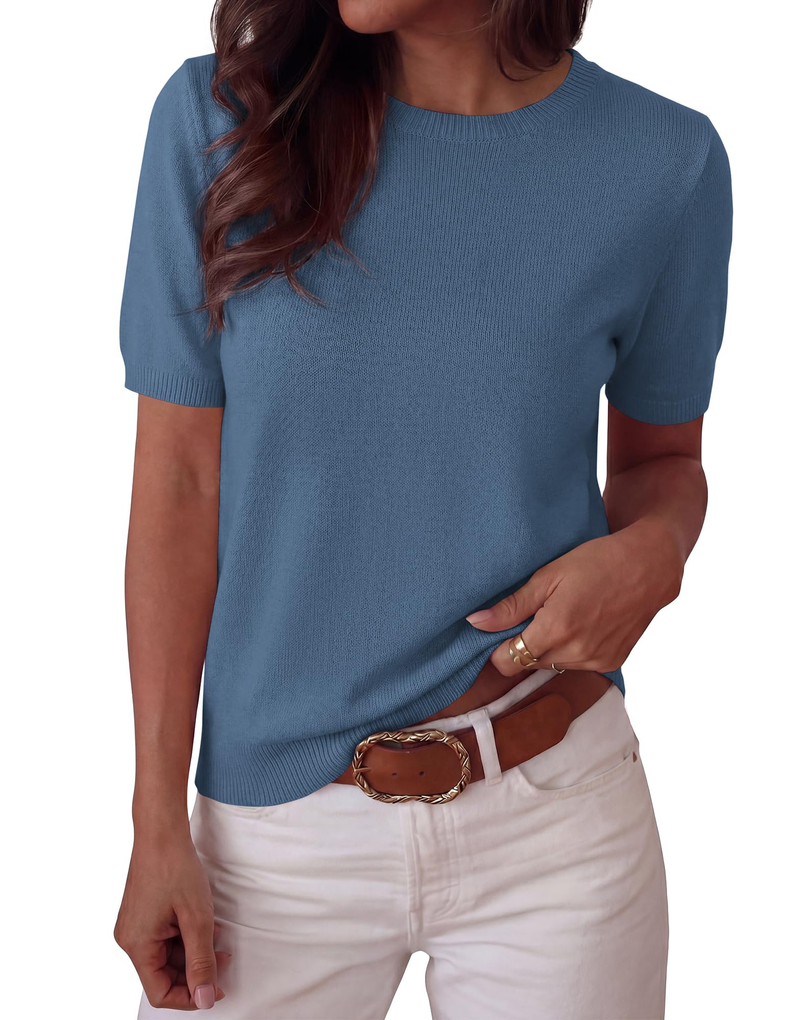 Womens Summer Short Sleeve Tops Crew Neck Sweaters-image-38