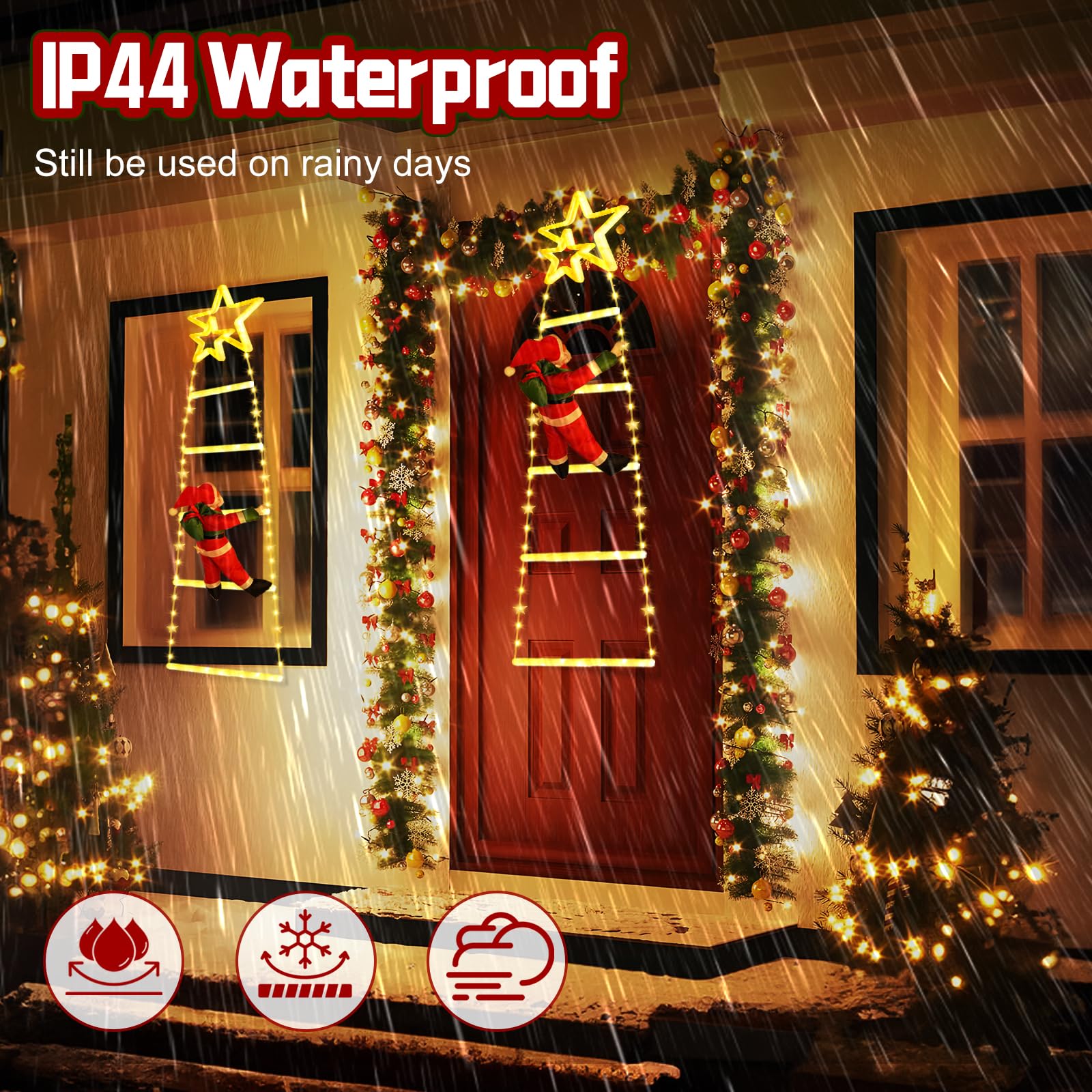 Possily 1.0M Luci per Scale Decorative Natalizie a LED, Luci Decorative Natalizie con Babbo Natale, 8 Modalità e Funzioni Timer, Adatte per Interni, Finestre, Alberi di Natale, Giardini, Bianco Caldo