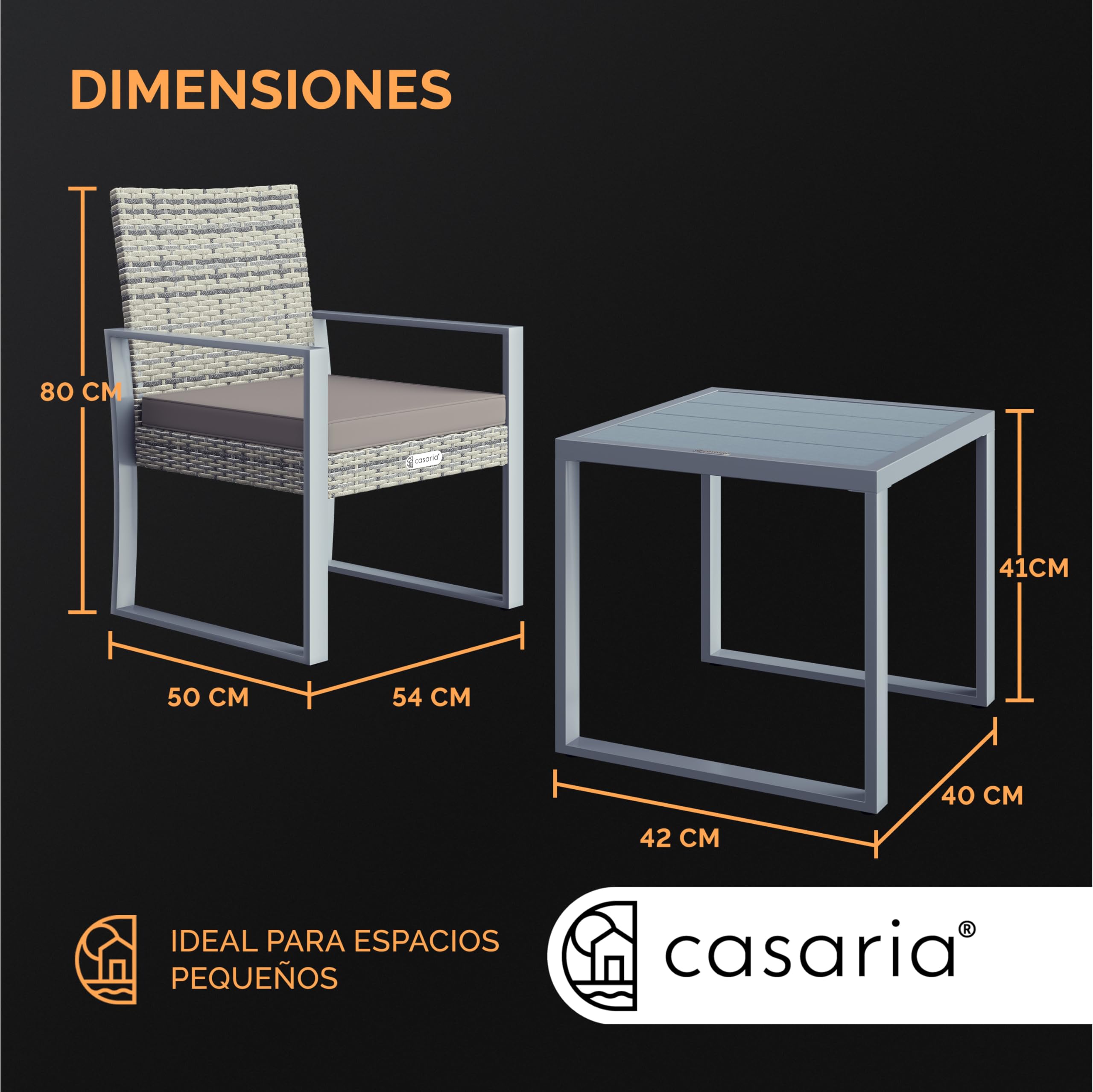 CASARIA® Conjunto Jardín Exterior para 2 Personas Set Mesa Sillas Poliratán Tablero WPC Mobiliario 3 Piezas Bistró Muebles Resistente a la Intemperie Balcón Patio Terraza Incl. Cojines Lavables Gris