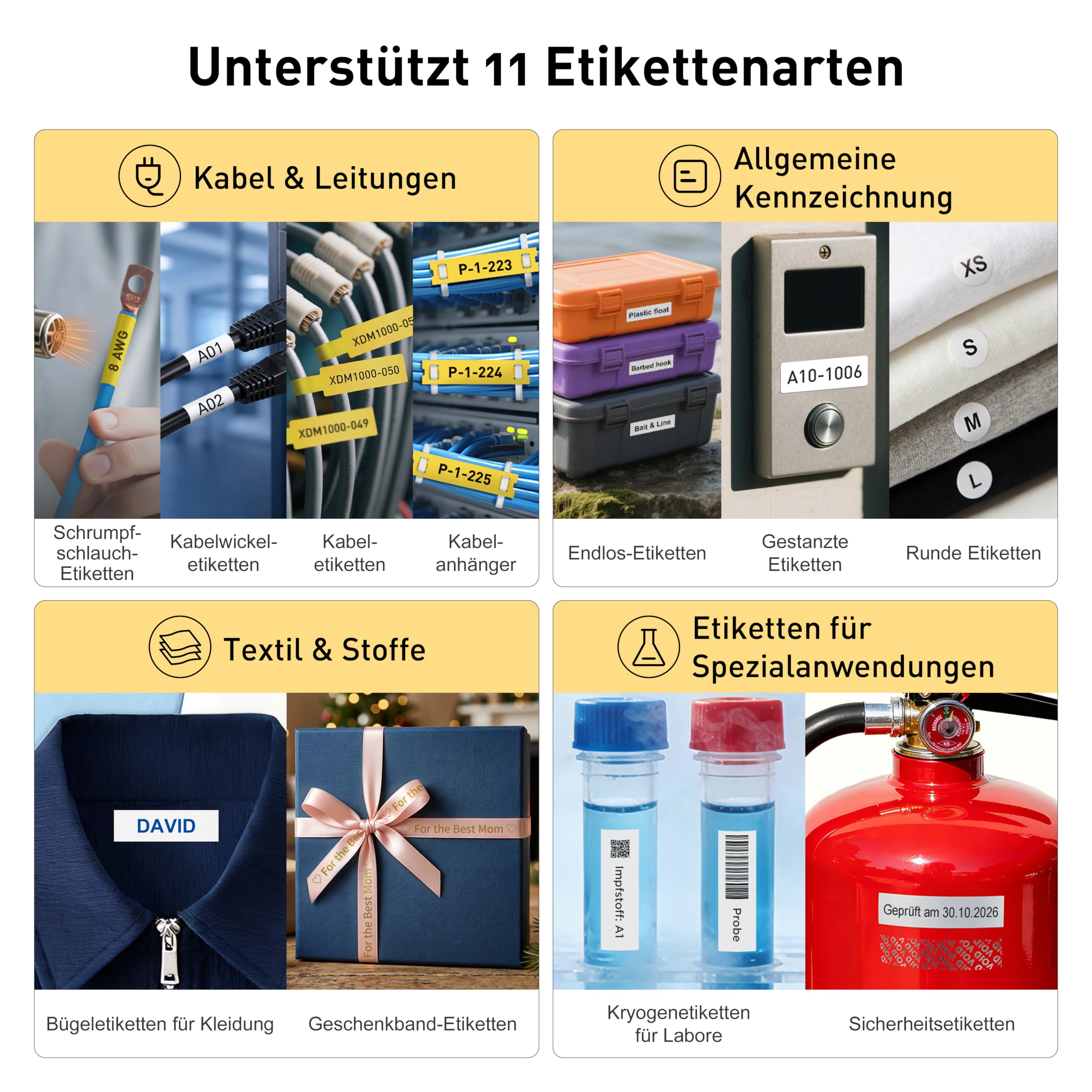 SUPVAN G15M Beschriftungsgerät mit 4 Rollen, für Kabel und Geräte | Thermotransferdruck, Schrumpfschläuche und Endlosetiketten, Bluetooth Verbindung, App und Tastatur, 5 mm Rand, aufladbar