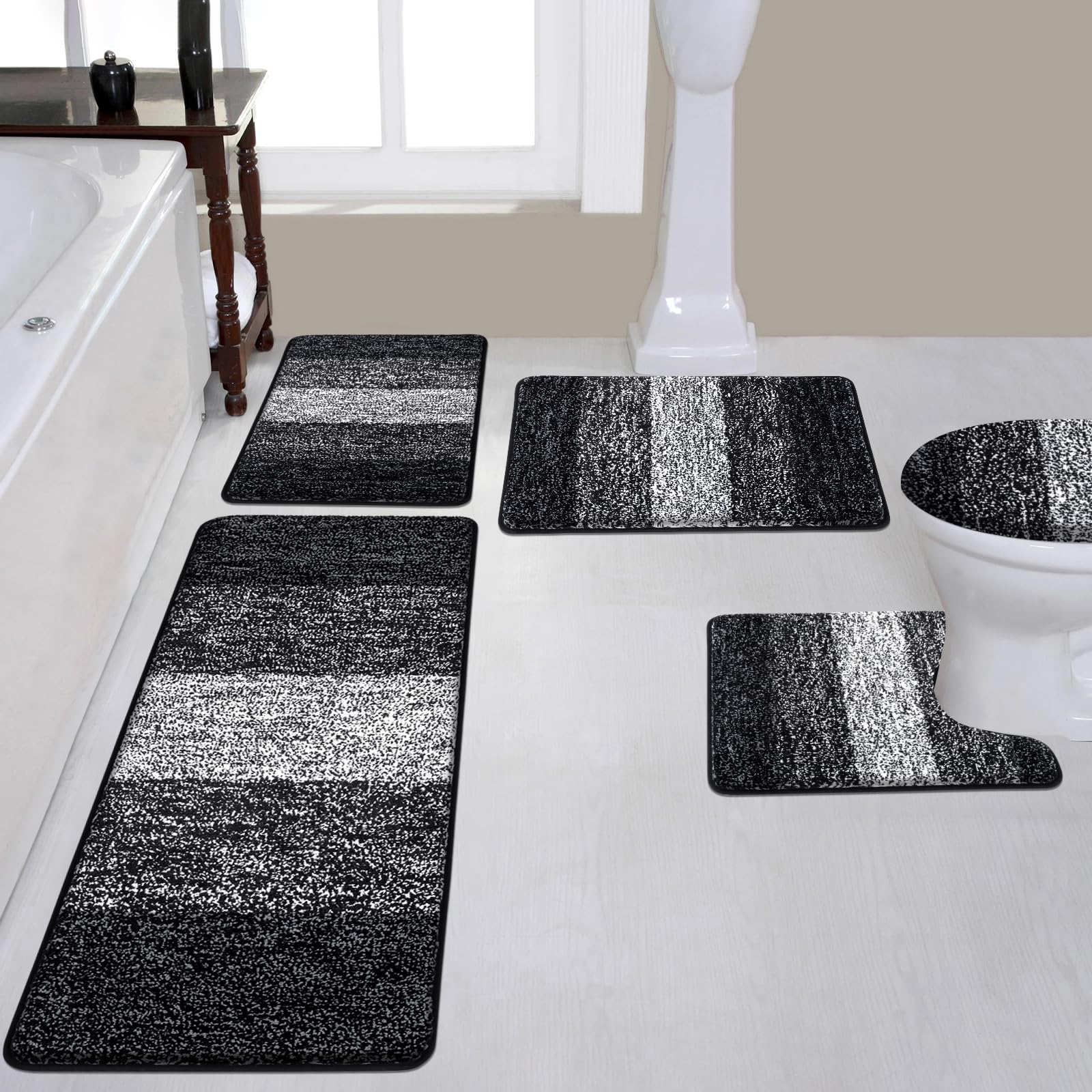 Bsmathom Bathroom Rugs Sets 5 Piece with Toilet Cover, Plush Shaggy Black Bathroom Rug Absorbent, Non Slip Machine Washable Bath Rugs with U-Shaped Contour Toilet Mat for Bathroom Tub, Shower, Black