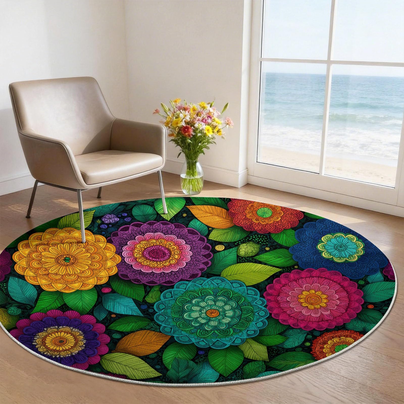 Tapis rond lavable et antidérapant multicolore de style bohème pour salon
