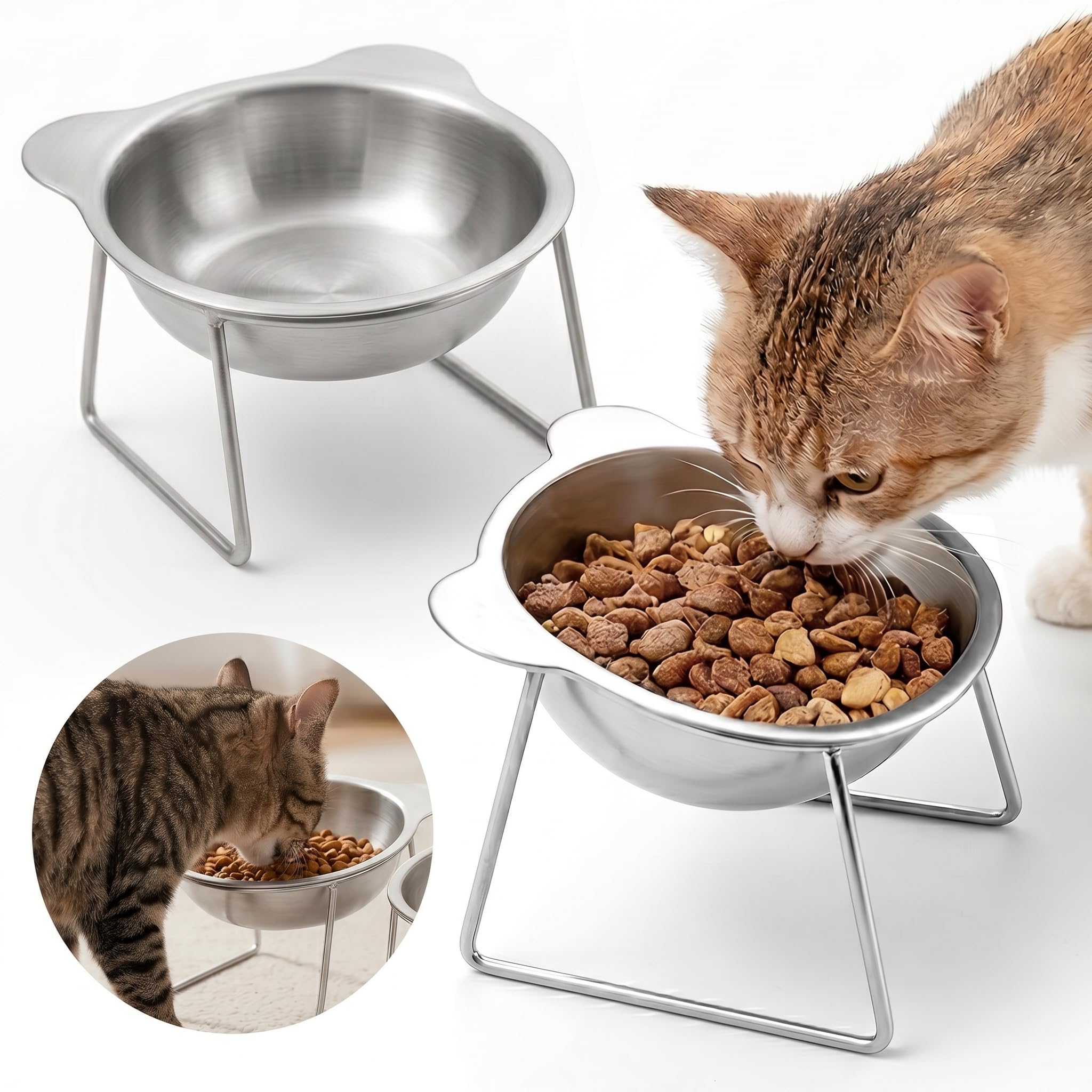 2PCS Raised Cat Bowls, Stainless Steel Elevated Cat Food Bowls, Dishwasher Safe, Kitten Bowls for Wet & Dry Food