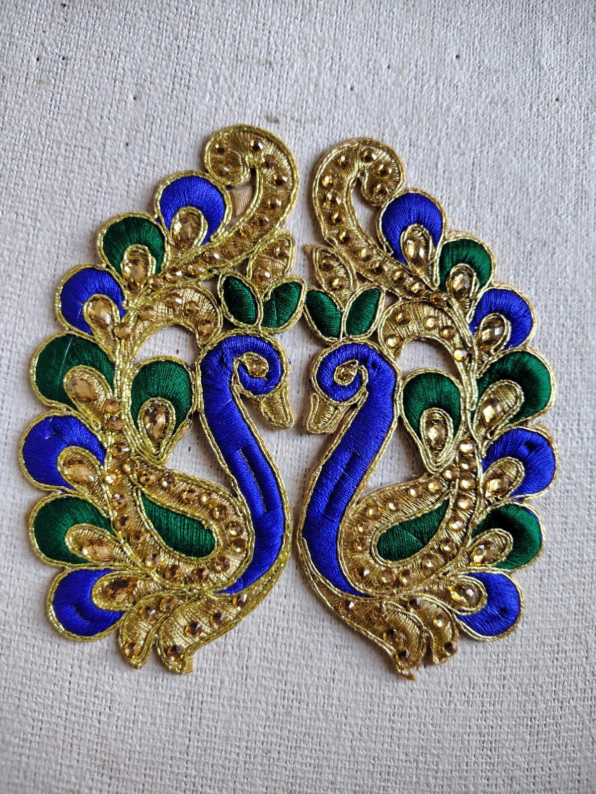 Peacock Embroidered Neck Applique Patch, Royal Blue and Green with Gold Zari, Decorative Patch for Clothing and Accessories, Pack of 2-image-36