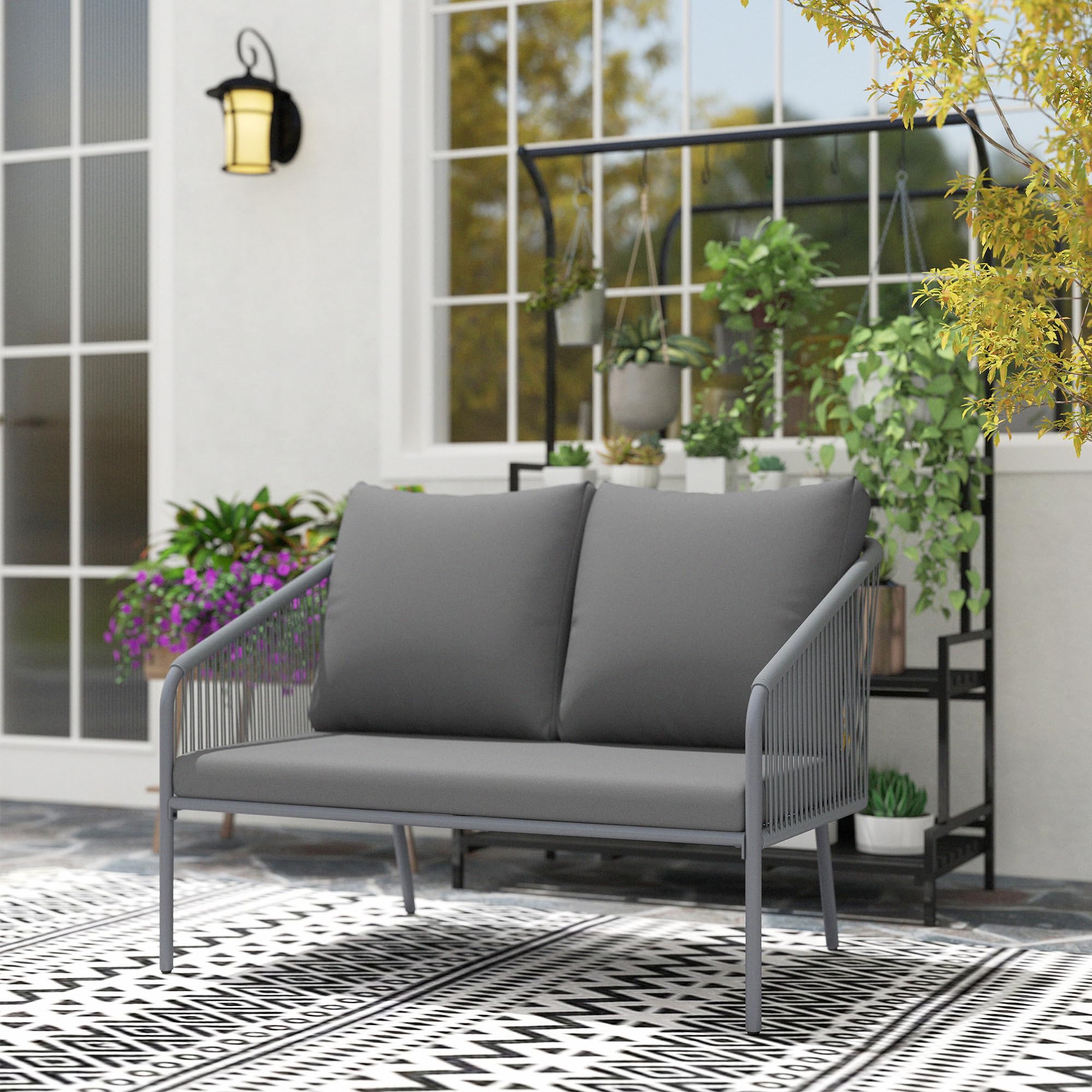 Outsunny Sofá Jardín con Cojines 2 Plazas Exterior 112x72x76 cm Gris | Sofá de ratán para balcón, muebles de patio de polirratán