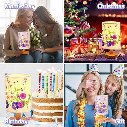 Miniatura 8 de Lámpara de mesa de flores con base de madera, lámpara de mesa con pantalla de lino, lámparas pequeñas para mesita de noche, dormitorio, sala de