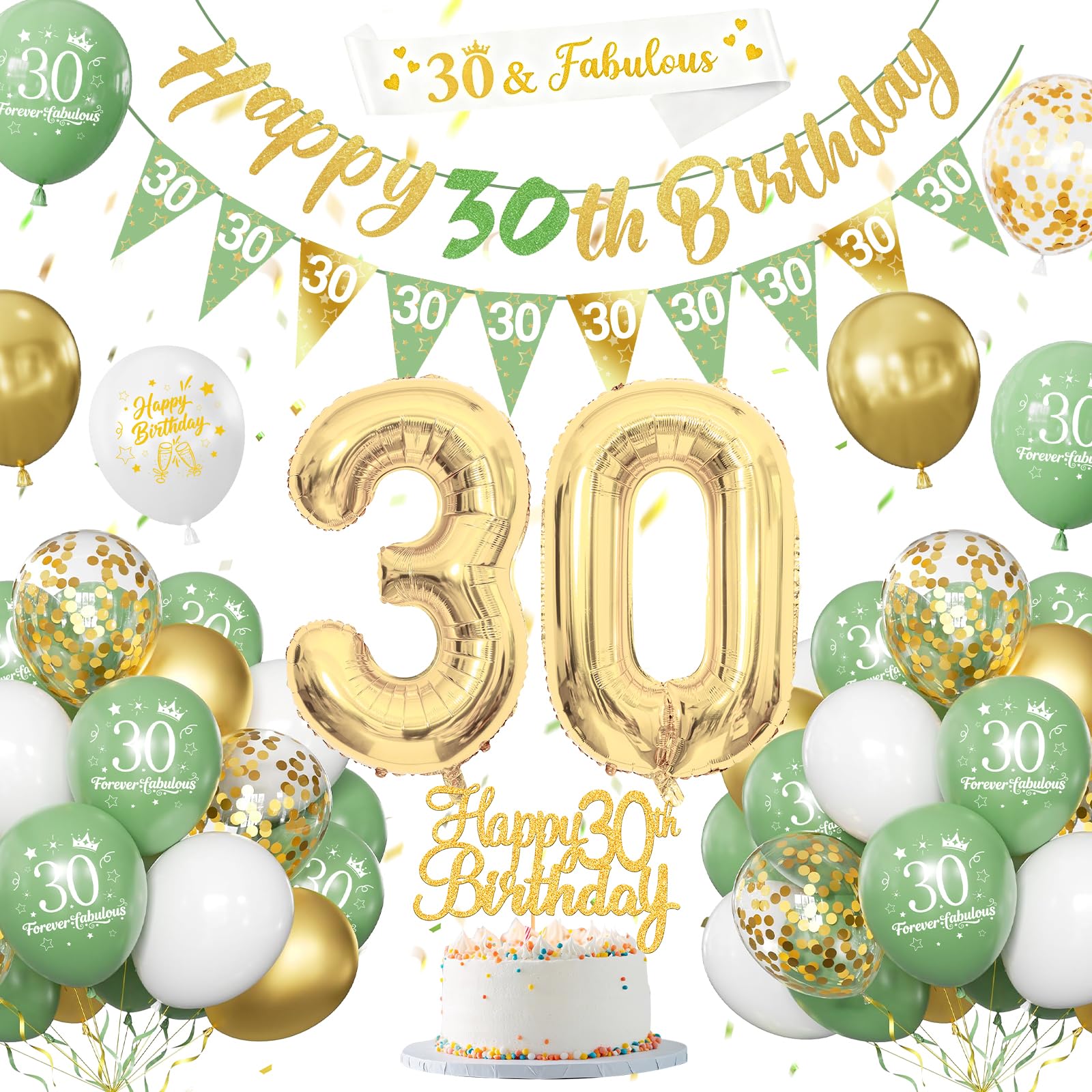 30th Birthday Decorations for Women Men Him, Sage Green Gold Birthday Decoration with Banners Balloons Cake Topper Sash Triangle Flag for 30th Party Decor