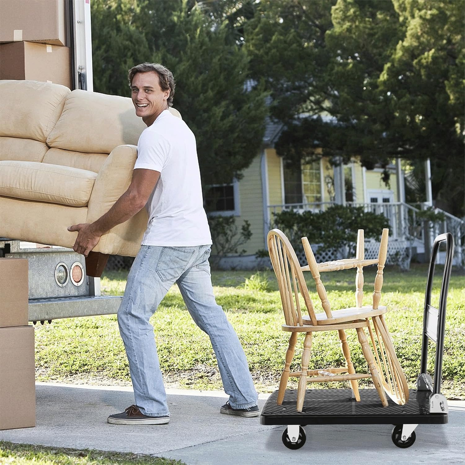 Carrello pieghevole resistente, capacità di carico 200 kg, ampia piattaforma con superficie antiscivolo e rotelle, ideale per magazzini, traslochi e trasporto merci