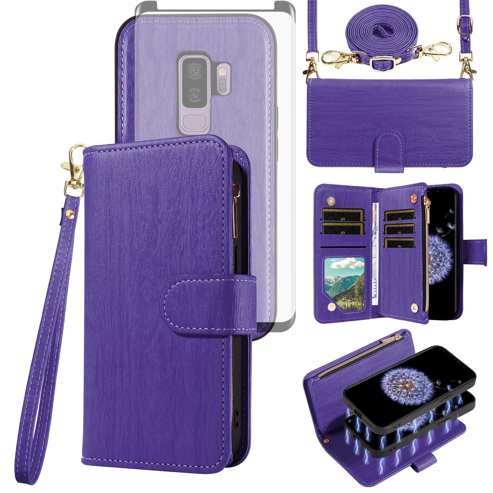 Asuwish Phone Case for Samsung Galaxy S9 Plus Zipper Wallet Magnetic Detachable Cell Cover with Tempered Glass Screen Protector Crossbody Strap Card