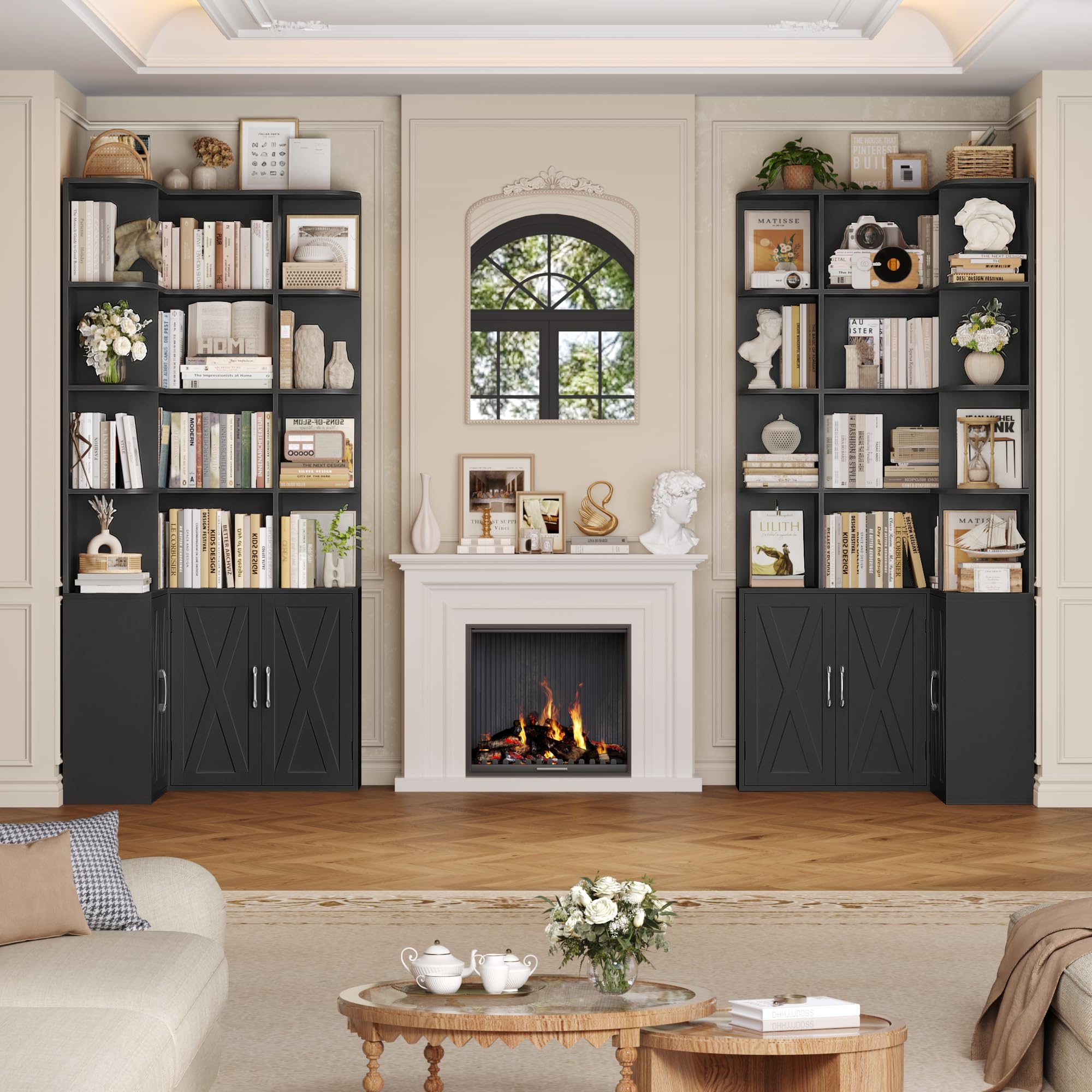 FirFurd 187cm Estantería Esquina, 4 Puertas 12 Compartimientos Negro | Estantería Libros de 5 Niveles alta Estantería Esquina, Grande Mueble Almacenaje para Salón, Oficina, Estudio 187Al.x80x80cm