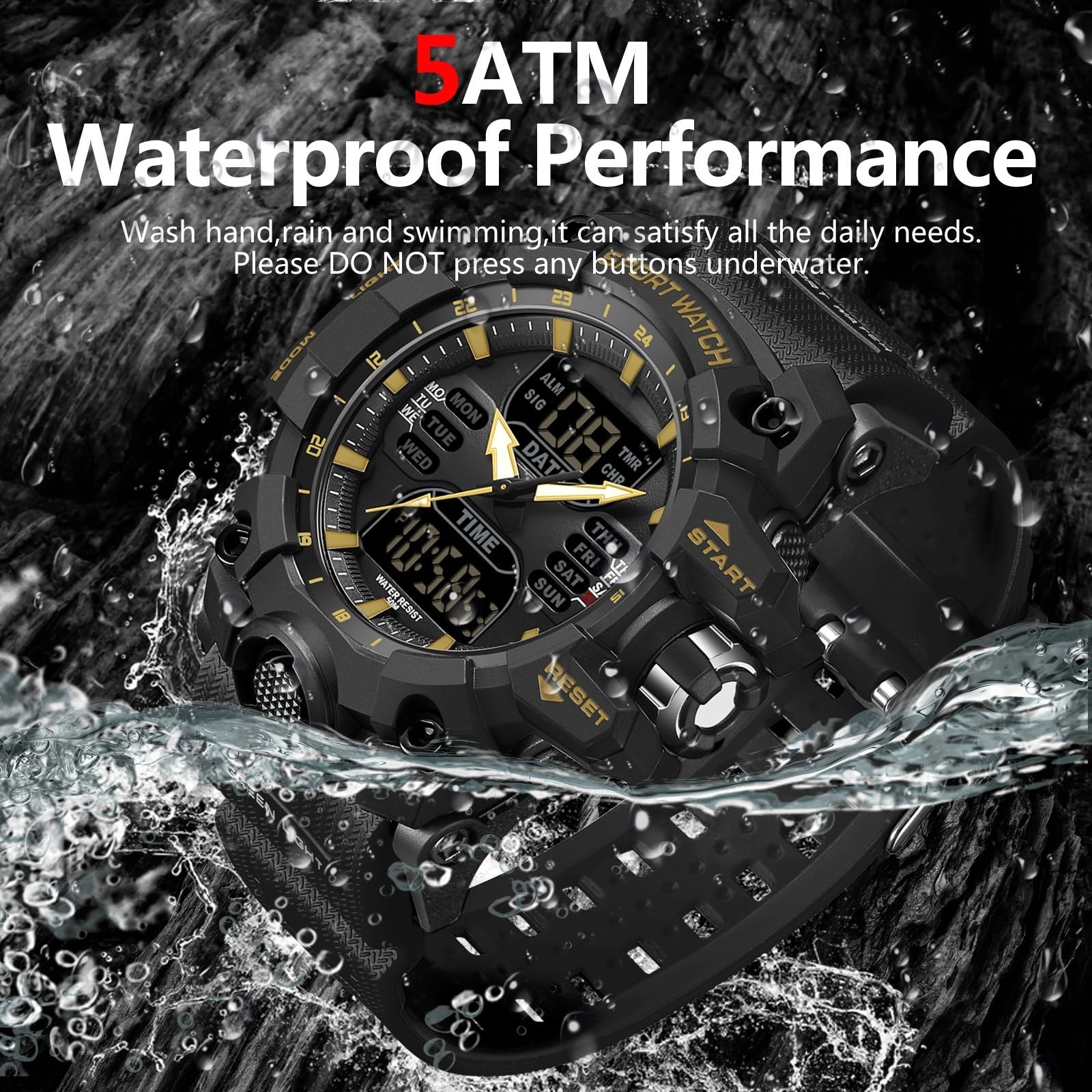 findtime Montre numérique pour Homme - Montre Tactique d'extérieur Militaire - Grand Cadran - Étanche jusqu'à 5 ATM - Chronomètre - Compte à rebours - Alarme - Rétroéclairage LED - Résistante aux