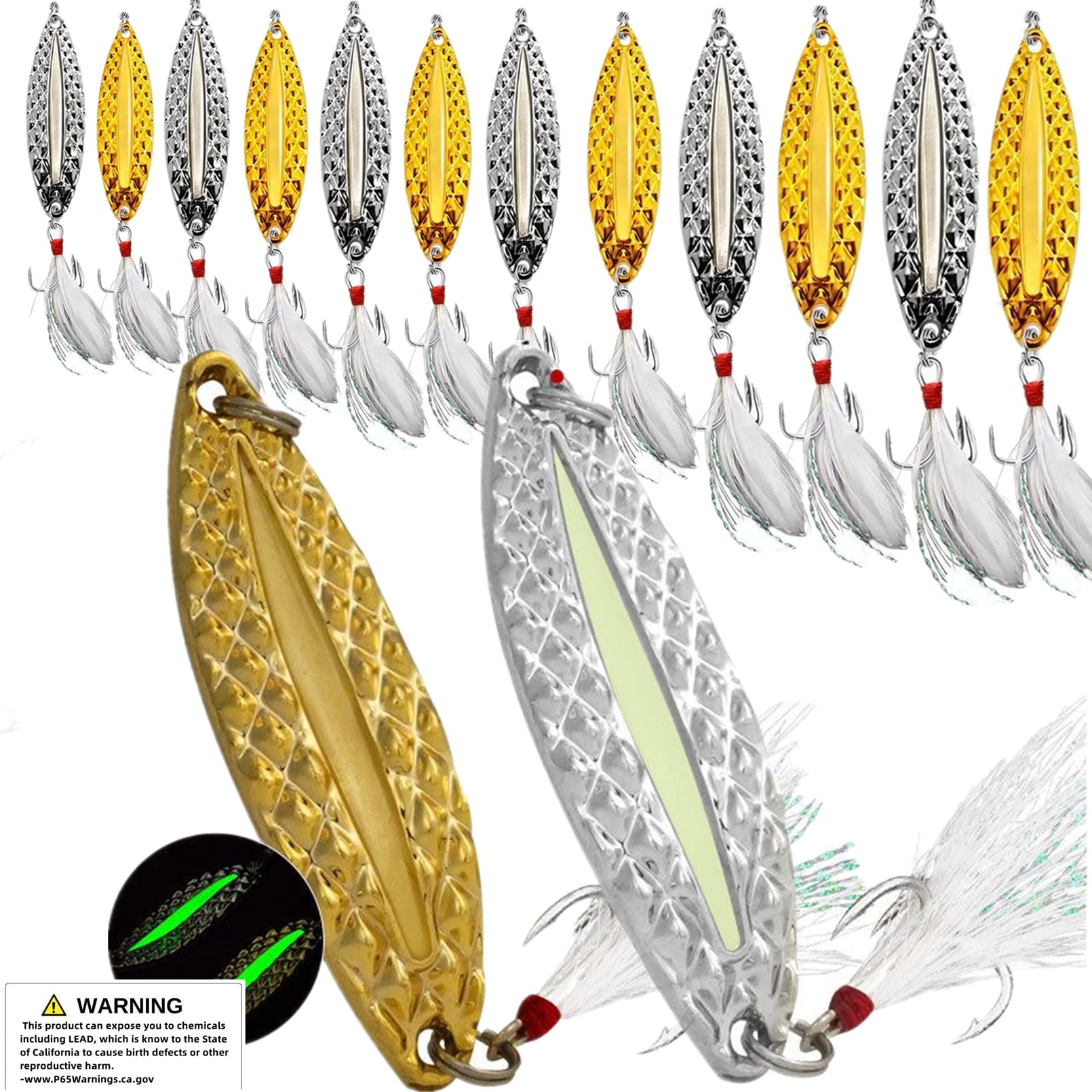 DAMIDEL 12Pcs/Box Fishing Spoon Silver Gold Colour ?6 Sizes 0.9oz/ 0.7oz /0.52oz/0.36oz/0.25oz/0.19oz Mixed Pack?Luminous/Spinning 2 in 1 for Trout,Bass,Pike,Crappie,Strong Fishing Hooks Lures