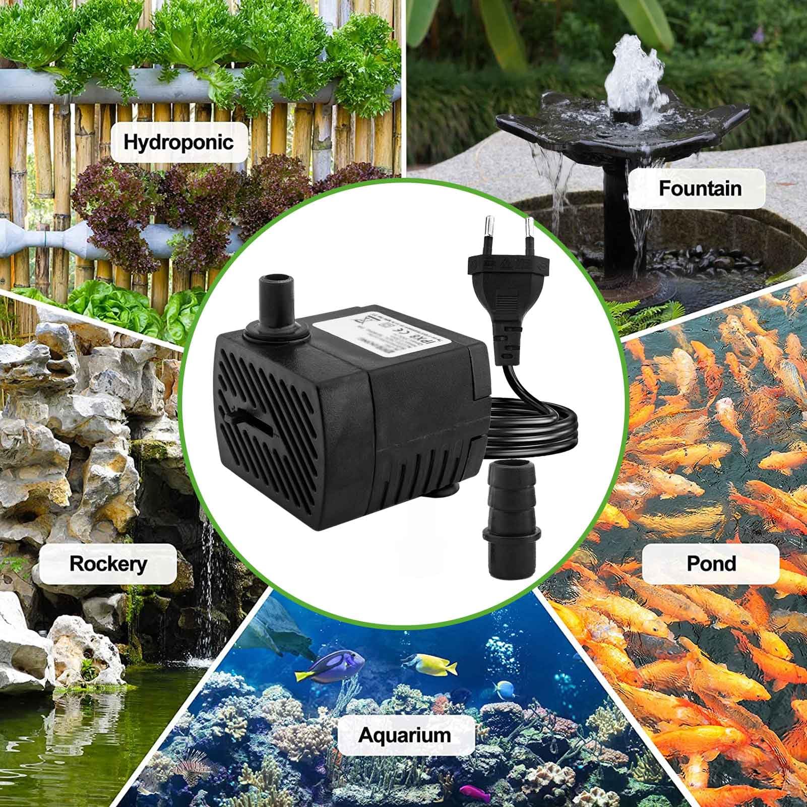 Mini bombas de agua ultra silenciosa con alta carrera (350 l/h, 5 W), con cable de alimentación de 1,5 m, 2 boquillas para acuarios, estanques, fuentes, estatuas. — view 6