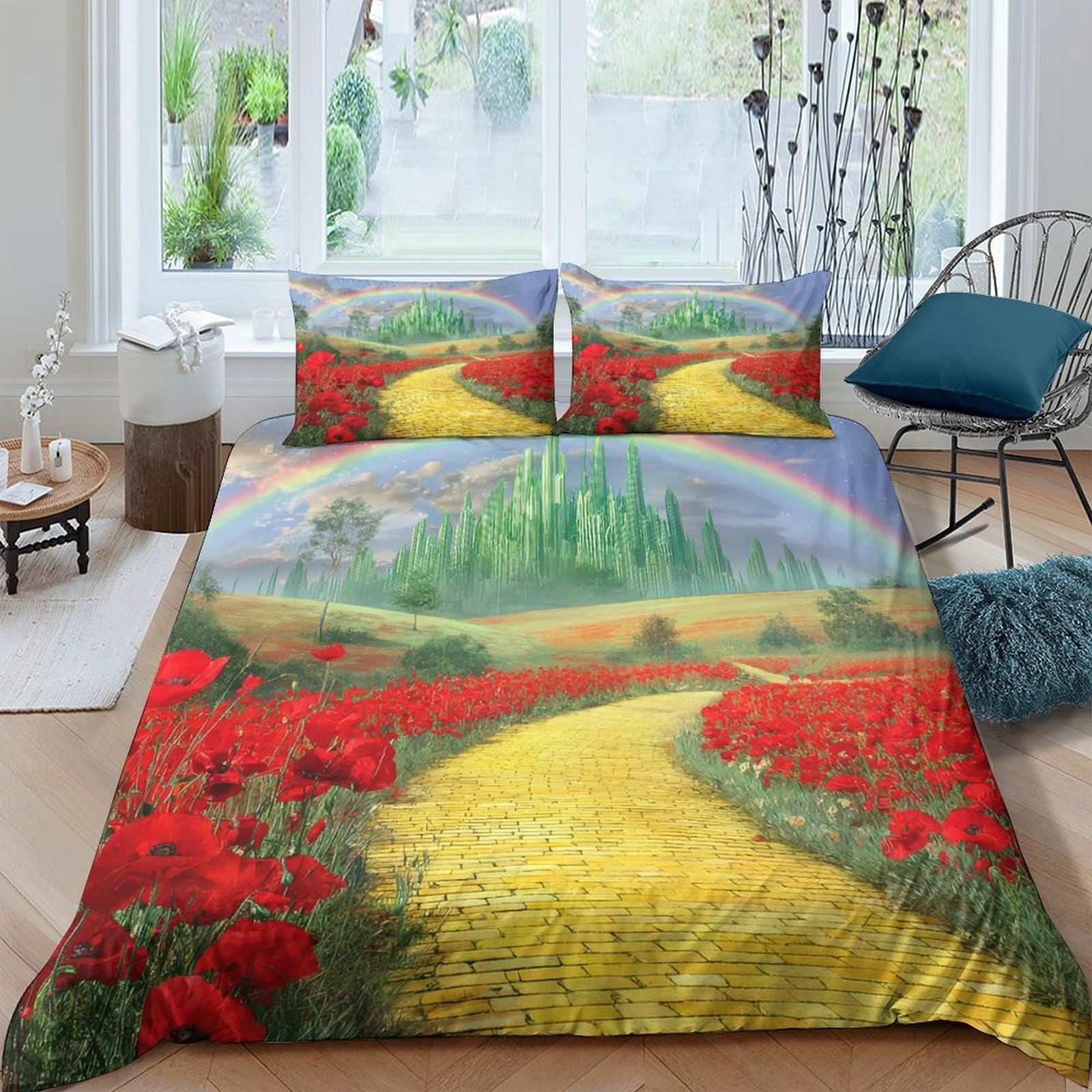 Ctjqhvkz Style-5 3D Printed Yellow Brick Road Fitted Sheet Microfiber Soft Poppy Field Bed Cover For Bedroom Guest Room Decoration Single（135X200cm）
