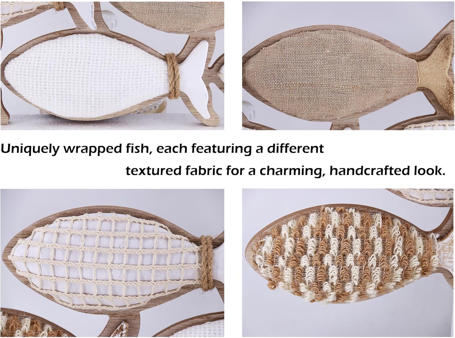 Handcrafted Wooden Fish Wall Decor Nautical Jute Rope Hanging Woven Fish Net Design for living room bathroom bedroom Set of 5