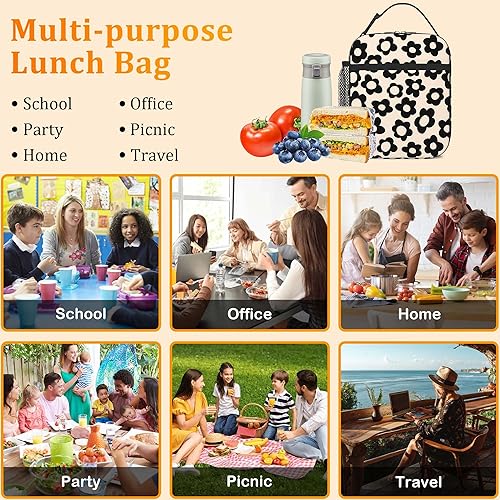 Miniatura 8 de Fiambrera con estampado de flores negras y beige para niños, con aislamiento térmico para niñas, niños, mujeres, hombres, reutilizable, con bolsillo